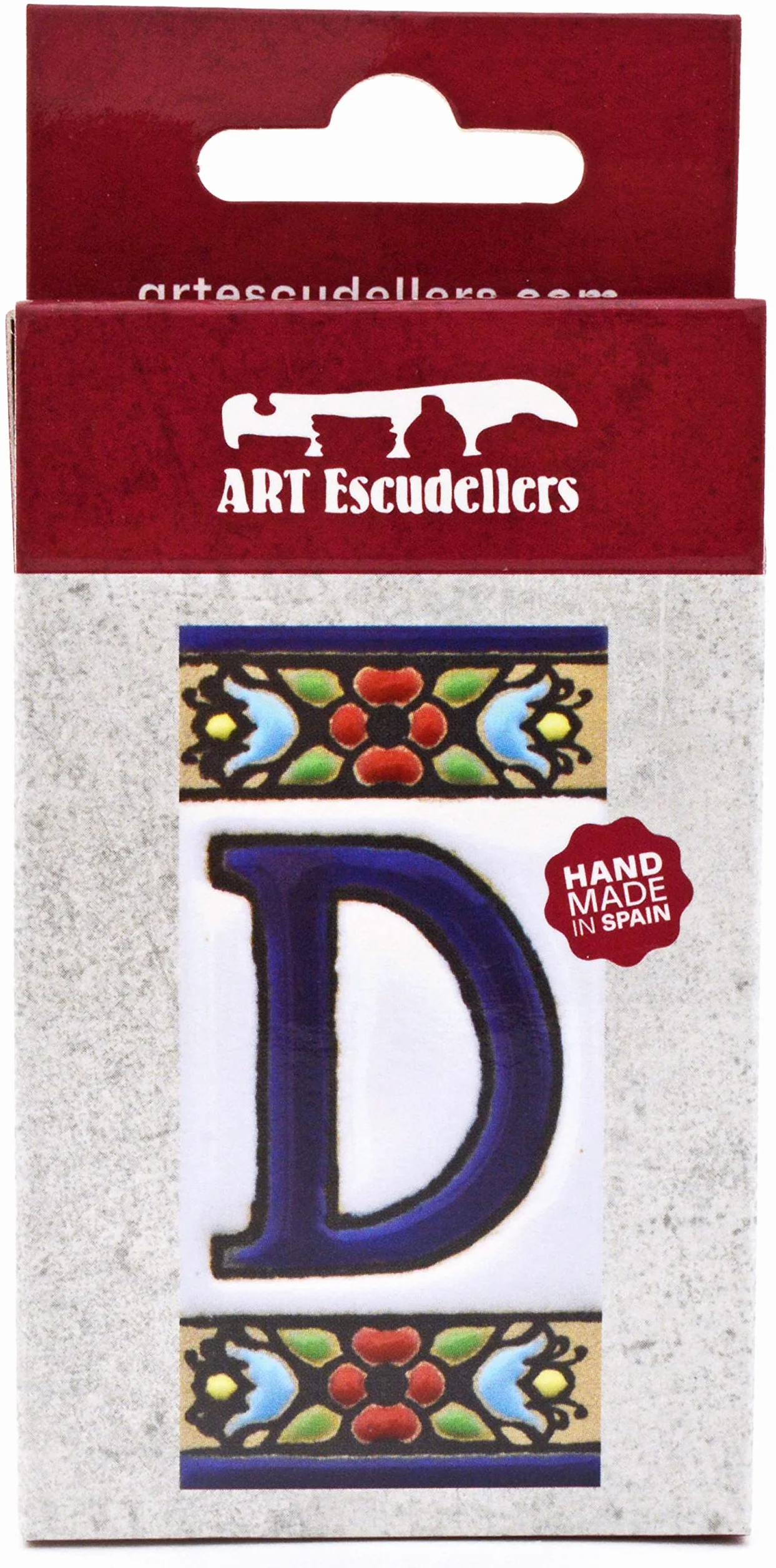 Numery i litery. Ręcznie malowane płytki ceramiczne z techniką suchej liny (cuerda seca). Nazwy, kierunki i oznakowanie. Rysunek FLORES MINI 7,3 cm x 3,5 cm. (Litera "D")