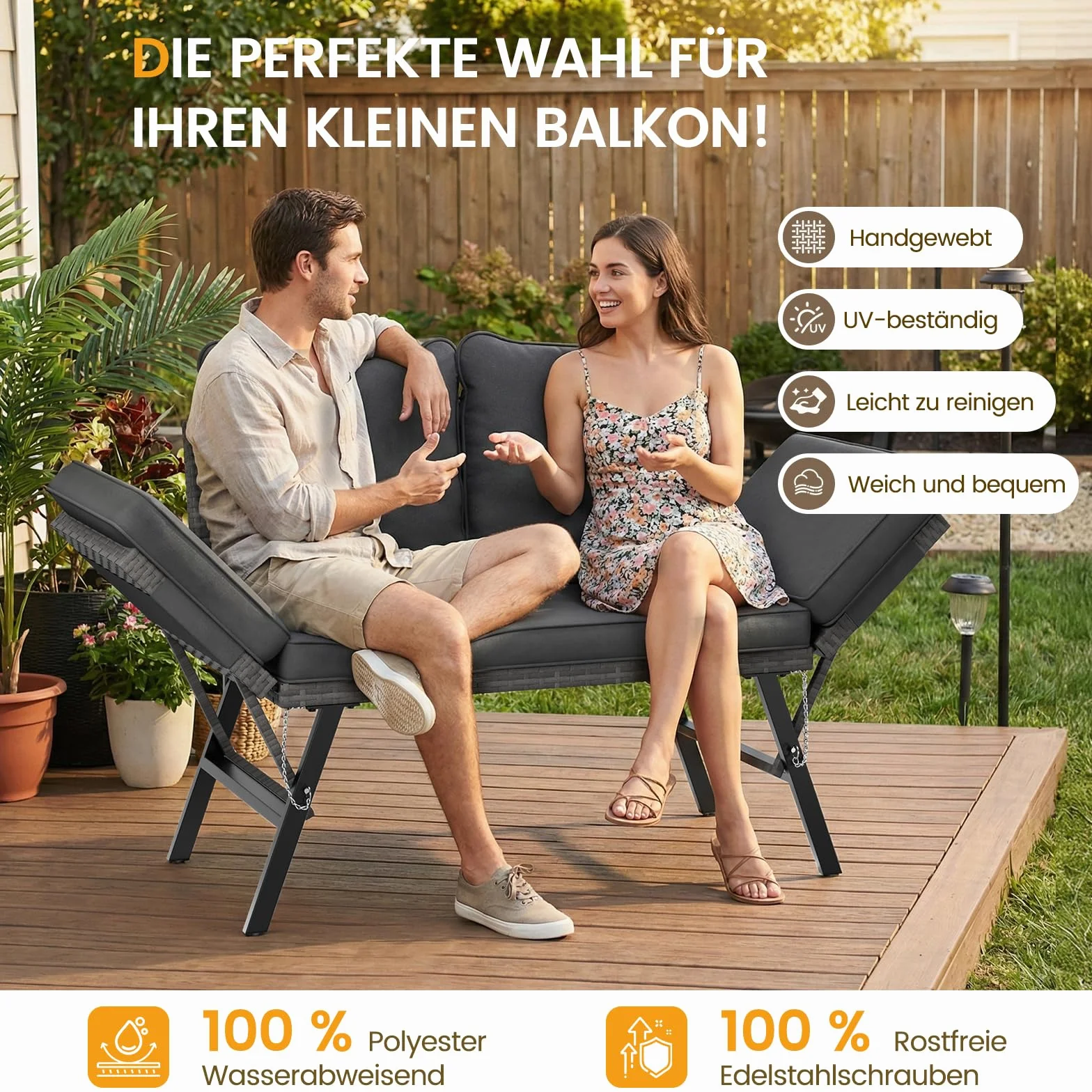 UDPATIO Polyrattan Ławka ogrodowa odporna na warunki atmosferyczne z funkcją leżakową, sofa balkonowa 3 w 1, funkcja regulacji z dodatkowo grubymi poduszkami siedzisk i poduszkami na podłokietniki do