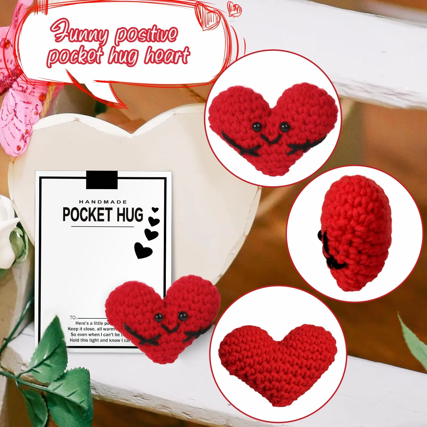 Kieszonkowe Serce, 7,5x5,5cm Slodkie, Szydelkowe Serce z Kartka z Zyczeniami Smieszne Pozytywne Serce Male Dekoracja Zachecajacy Prezent dla Przyjaciól Rodziny (Czerwony)
