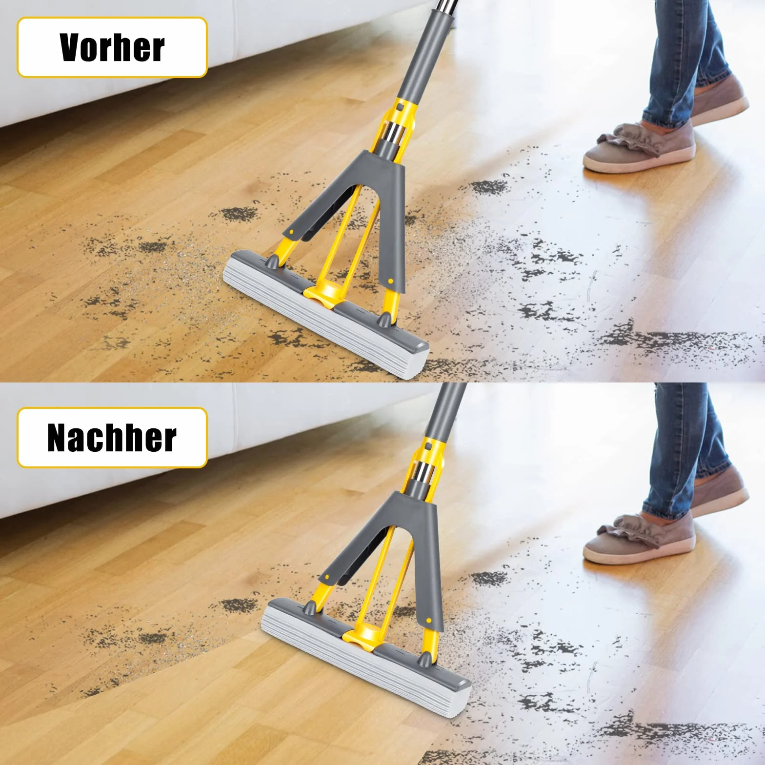 Myiosus PVA Gąbkowy mop, Gąbka podłogowa mop z trzonkiem 130 cm, chłonny mop z 3 głowicami z gąbki, mop do czyszczenia podłóg, składany mop gąbkowy do płytek, marmuru, laminatu, twardego drewna