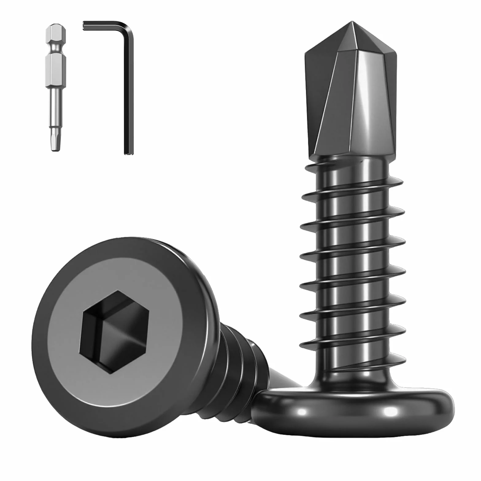 60 sztuk Wkrętów Samowiercących do Metalu 5,5x25mm, 410 Stali Nierdzewnej,Czarny Wkręty z Łbem Sześciokątnym i Płaskim z Końcówką Śrubokręta i Kluczem Imbusowym
