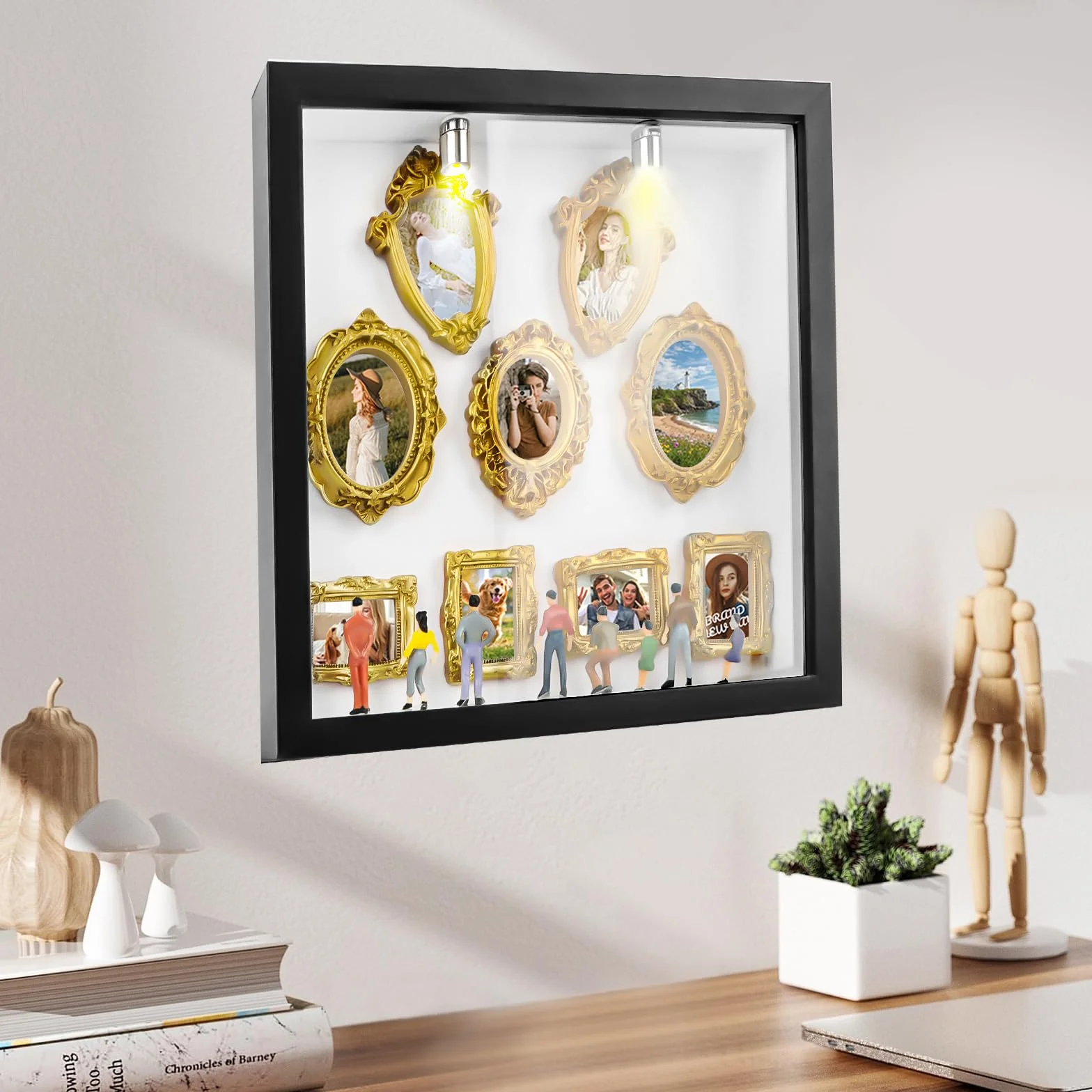 Mini muzealne pudełko "zrób to sam", 8 cali, mini muzeum sylwetki, zestaw "zrób to sam", 8 mini złotych ramek i 8 losowych figurek, kreatywna ramka na zdjęcia ze światłem LED, pomysł na prezent