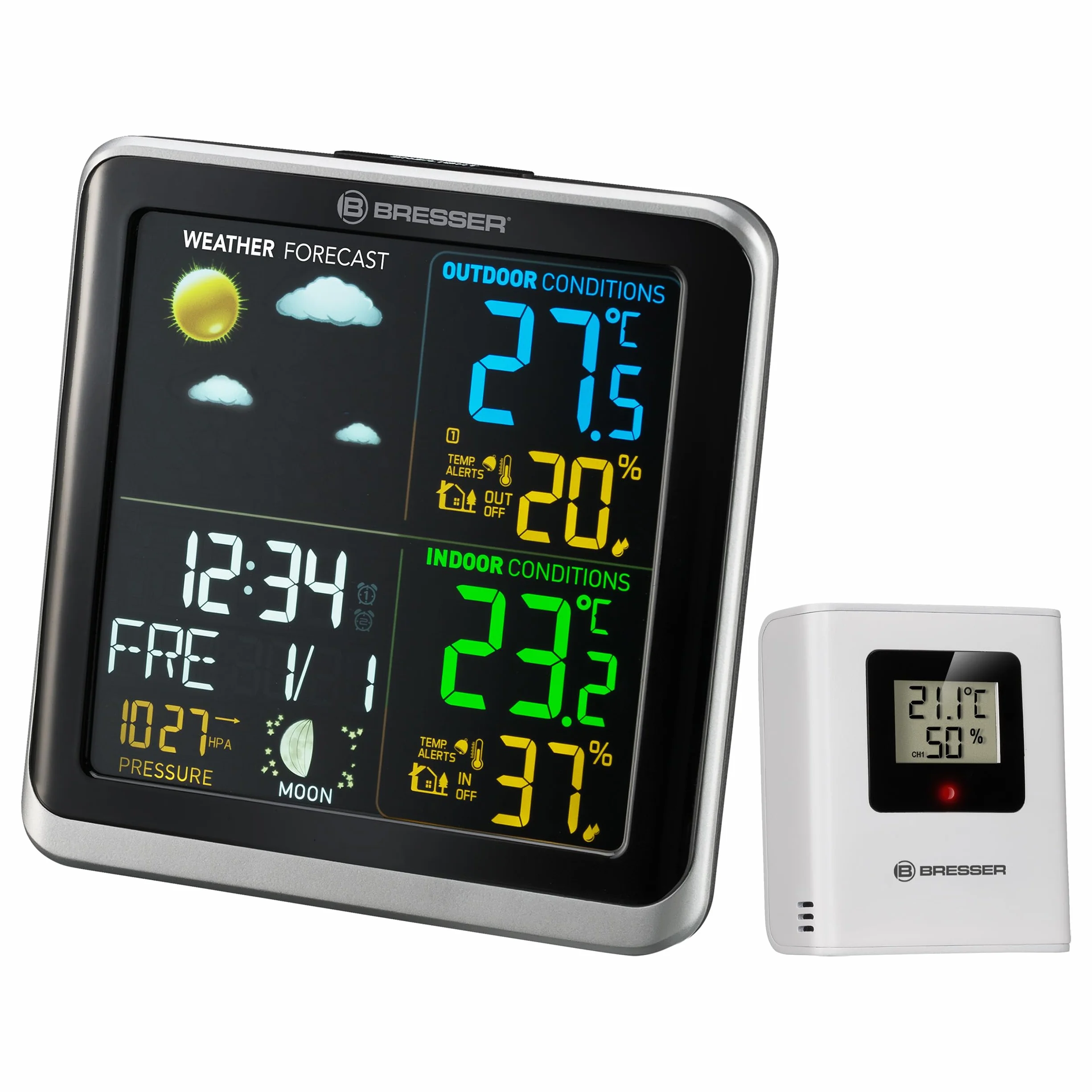 Bresser 7007201 radiowa stacja pogodowa z czujnikiem zewnętrznym ClimaTemp TB stacja pogodowa z kolorowym wyświetlaczem LCD i dwoma czasami budzenia, czarna/szara