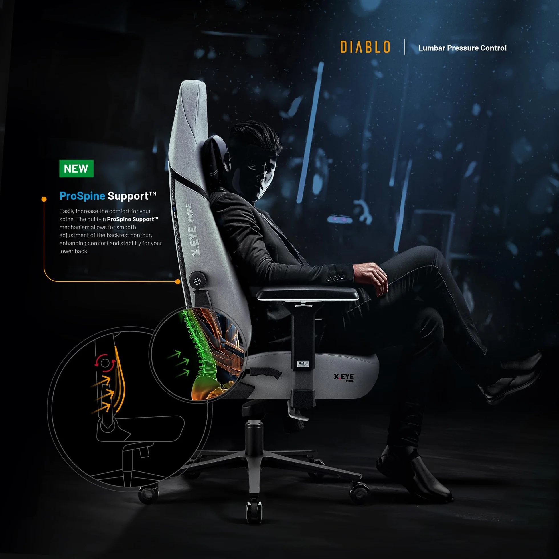 Diablo Fotel gamingowy X.Eye Prime Ergonomiczny Tkanina PC Fotel z Magnetycznym Zagłówkiem Funkcja chłodzenia Wytrzymały Tkanina 140 kg