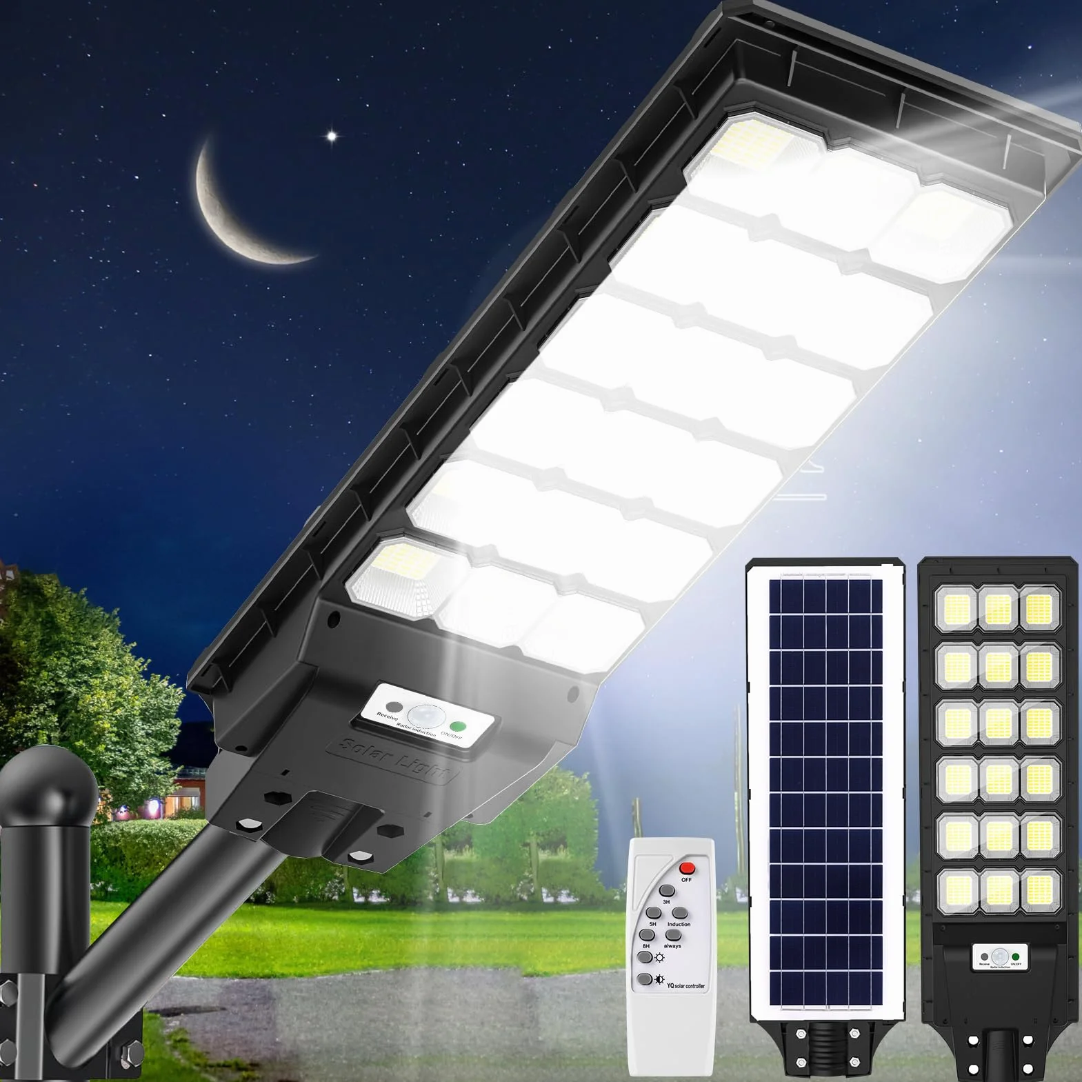 Zewnętrzna lampa uliczna solarna 600 W z czujnikiem ruchu i zdalnym sterowaniem, 576 diod LED 6500K, IP65, wodoodporny, 3 inteligentne tryby