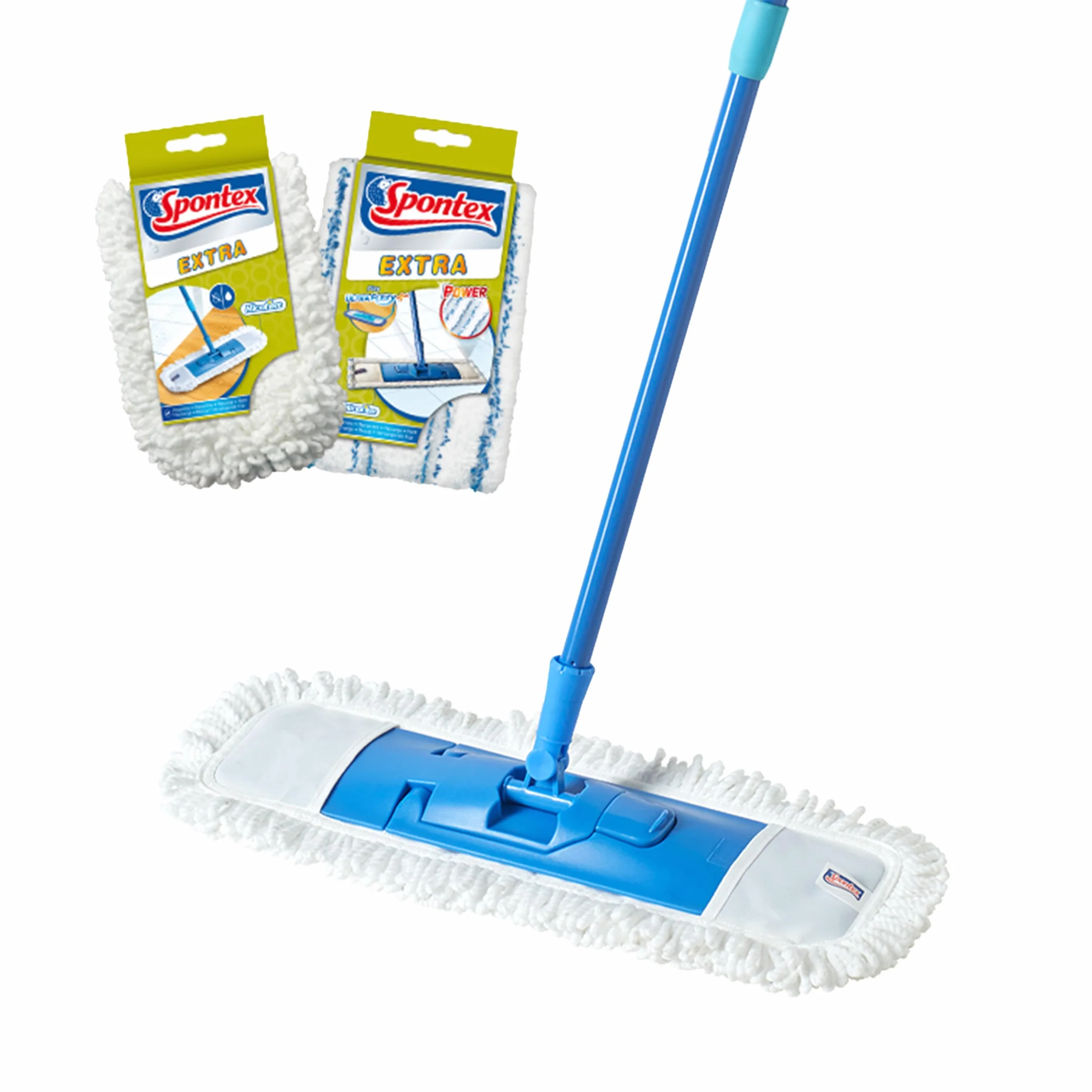Spontex Bardzo płaski mop | wszechstronny mop z mikrofibry do mopa na mokro i sucho, regulowana długość (80-140 cm) | czyści podłogi laminowane, drewniane i płytki | 2 x wkłady do mopa