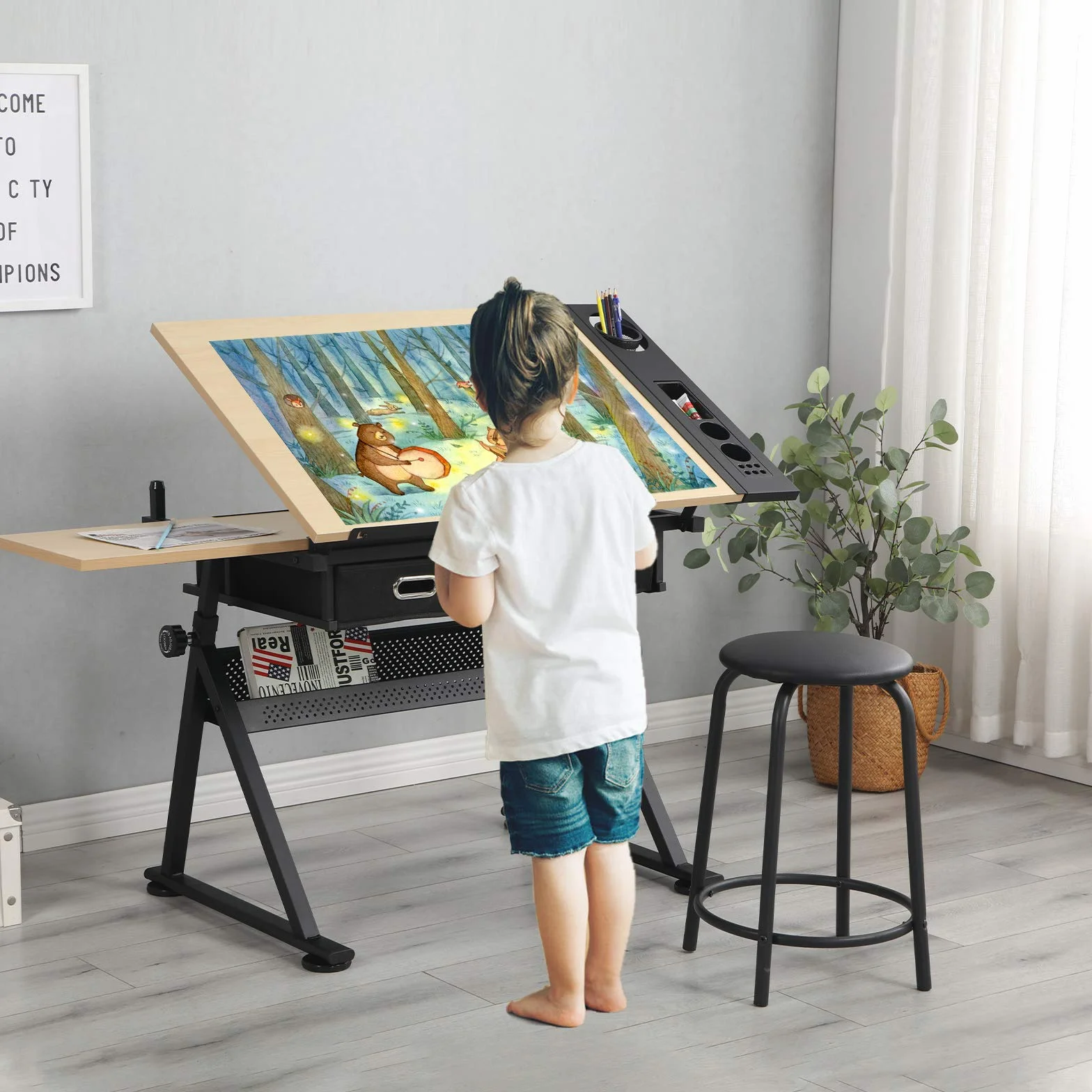 MIADOMODO® Stół do rysowania – uchylny, 115x60 cm, regulowana wysokość, MDF, stołek, 2 szuflady – stół kreślarski, artystyczny, techniczny