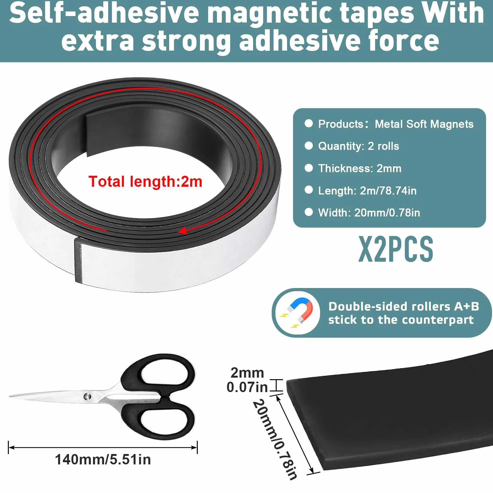 Samoprzylepna taśma magnetyczna A+ B, samoprzylepna, 20 mm x 2 m, mocny klej, taśma klejąca, mocne magnesy do moskitiery okiennej, 2 rolki