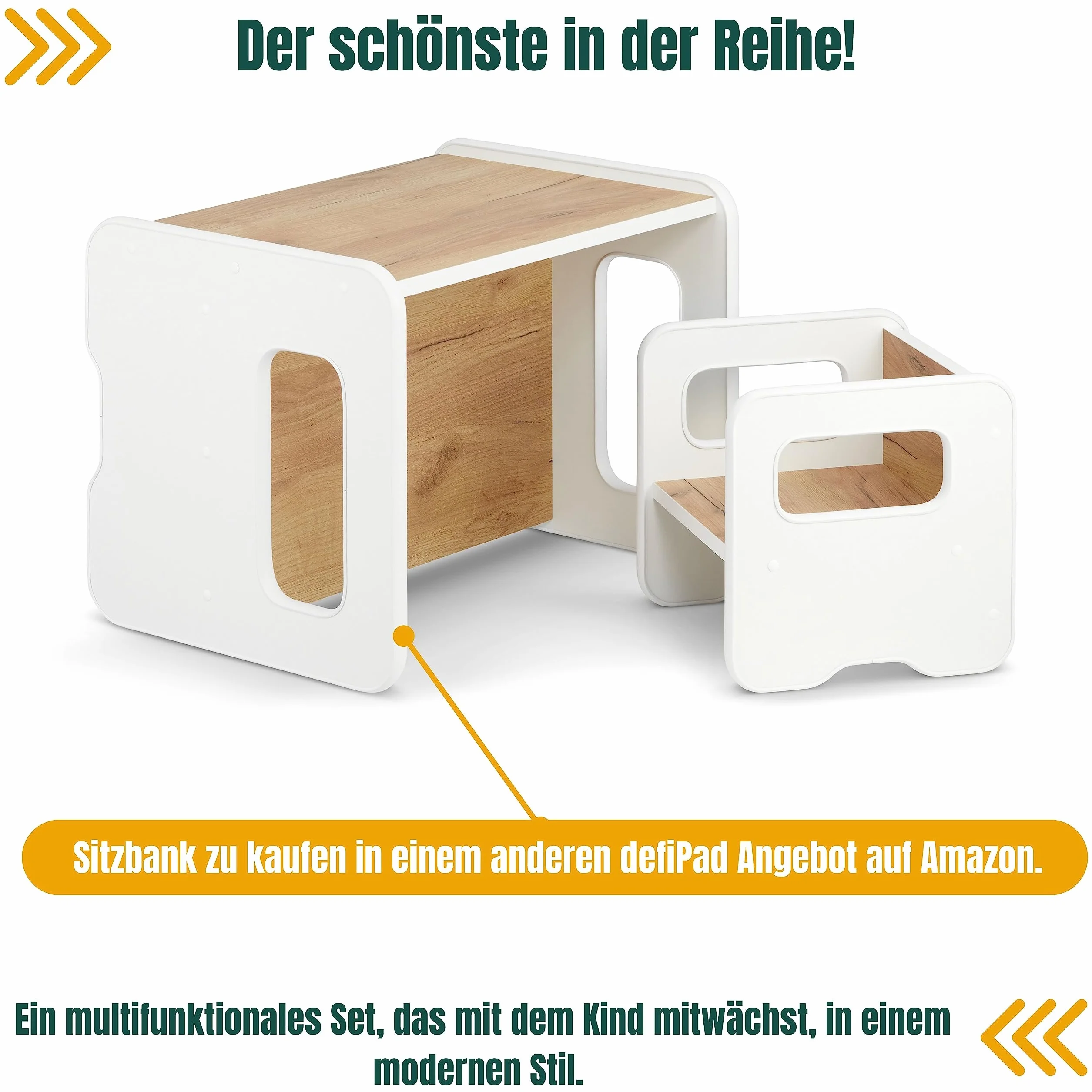 defiPad Taboret do siedzenia dla dzieci | stylowy taboret dwustronny | fotel dziecięcy od 1 roku życia | krzesło dziecięce z drewna | krzesło można przekształcić w stół | pokój dziecięcy Montessori |