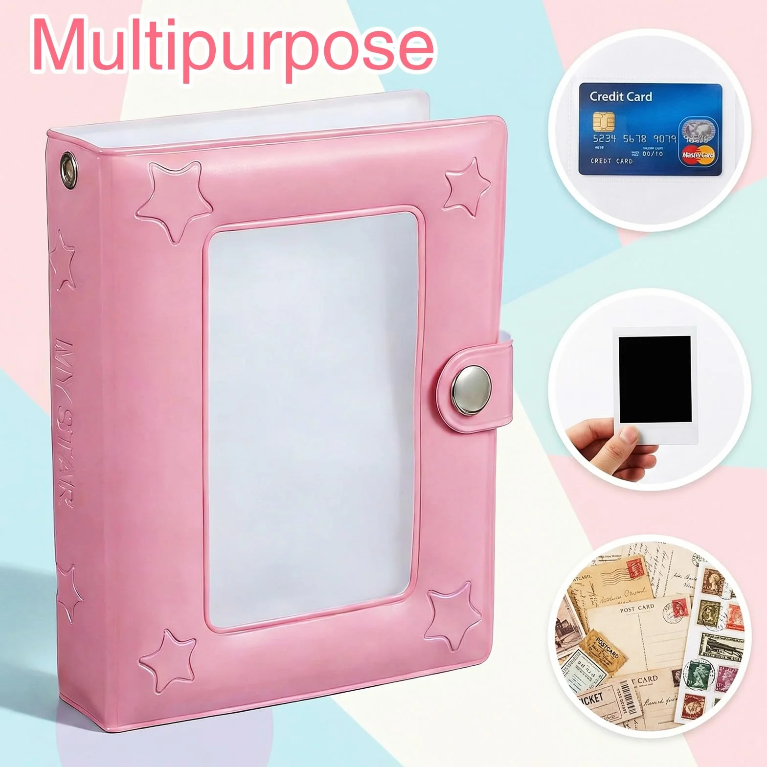 Photocard Binder 40 kieszeni, mini puste karty fotograficzne, album na małe gwiazdki, okładka ze skóry PU, kreskówka, album kolekcjonerski, uchwyt na karty fotograficzne, przyjazne w podróży (różowy)