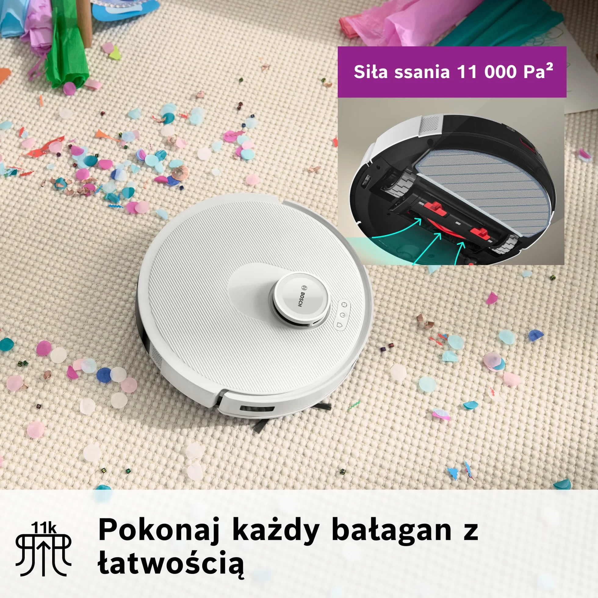 Bosch Spotless+ Robot sprzątający z funkcją mopowania, moc ssania 11 000 Pa, statyczna nakładka mopującą, stacja czyszczącą, nawigacją Smart Vision, aplikacja Bosch Home Connect, BCRD1W, biały