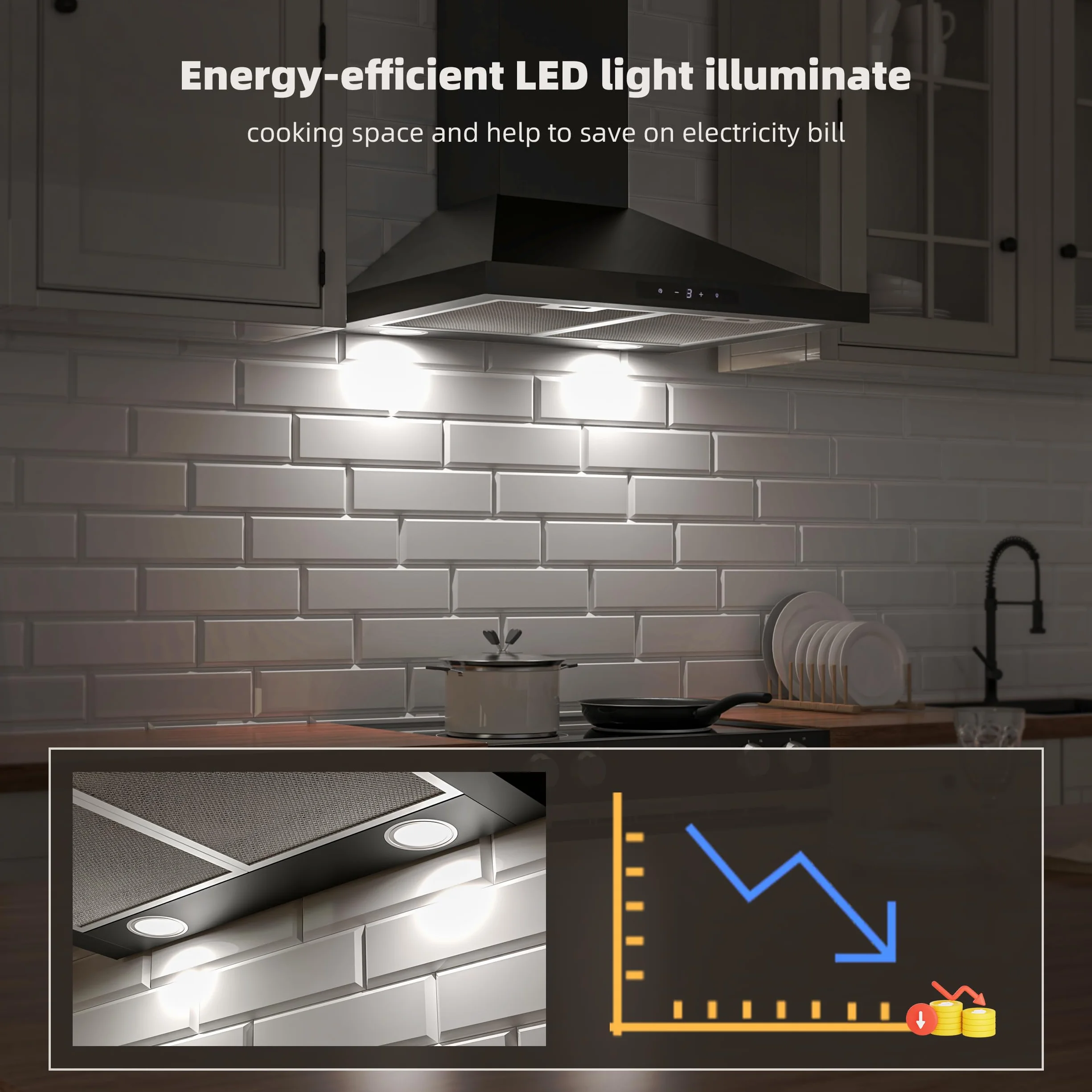 FIREGAS Okap kuchenny 60 cm czarny ze stali nierdzewnej, sterowanie dotykowe LED, 335 m³/h, klasa A