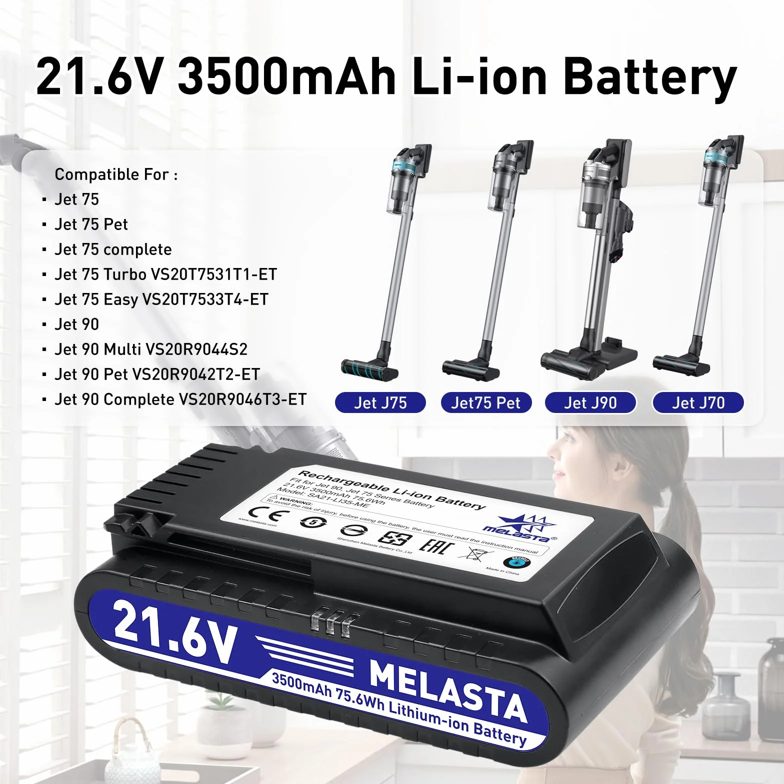 melasta Bateria VCA-SBT90 do Samsung JET75/JET90, 21,6 V 3500 mAh