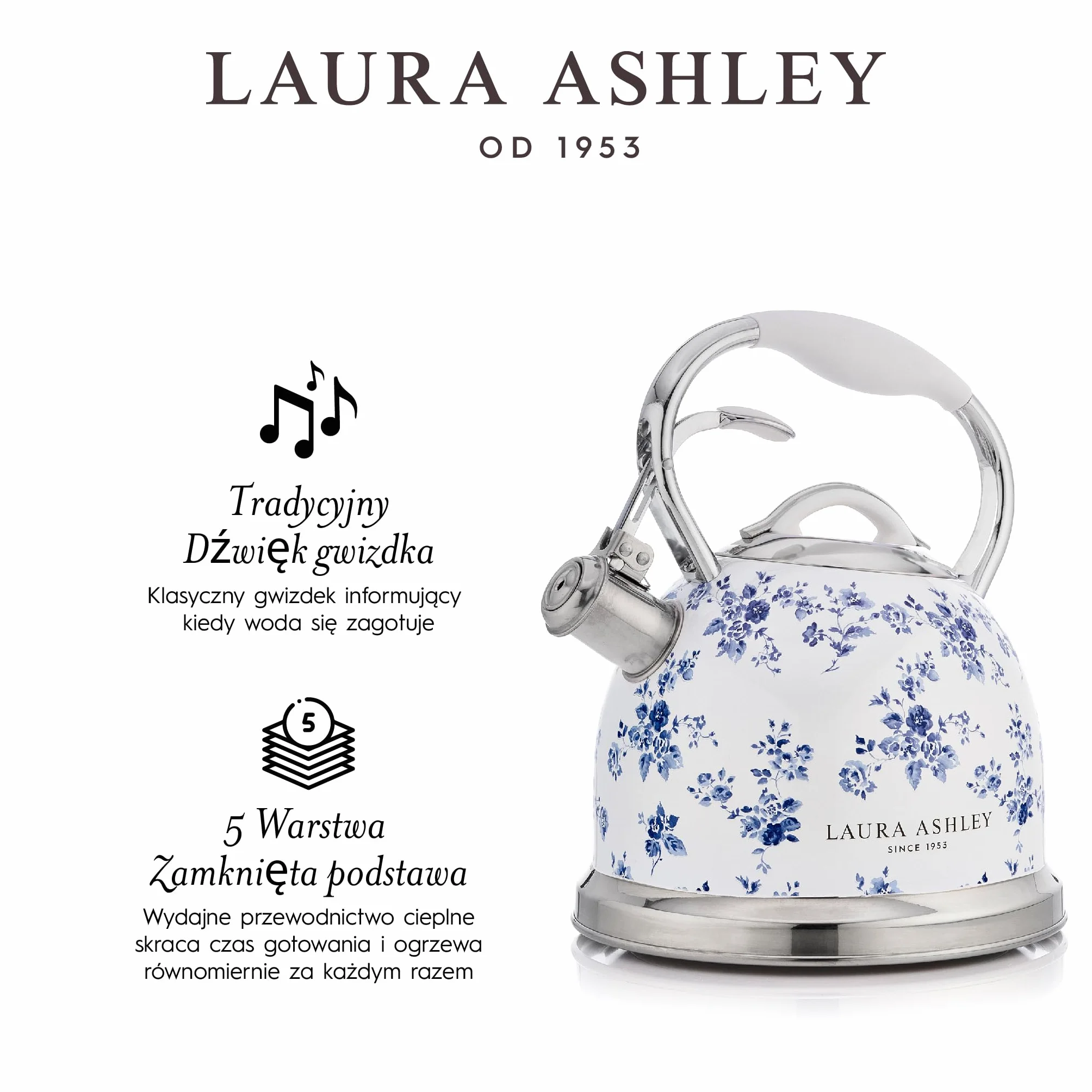 Laura Ashley China Rose Czajnik Indukcyjny 2,5 L Gwizdający Szybko Gotujący na Kuchenkę Gazową