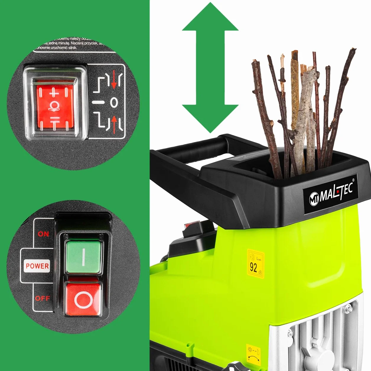 MalTec Rozdrabniacz ogrodowy elektryczny 3500 W, rozdrabniacz do drewna, worek na odpady 60 l, grubość cięcia do 44 mm