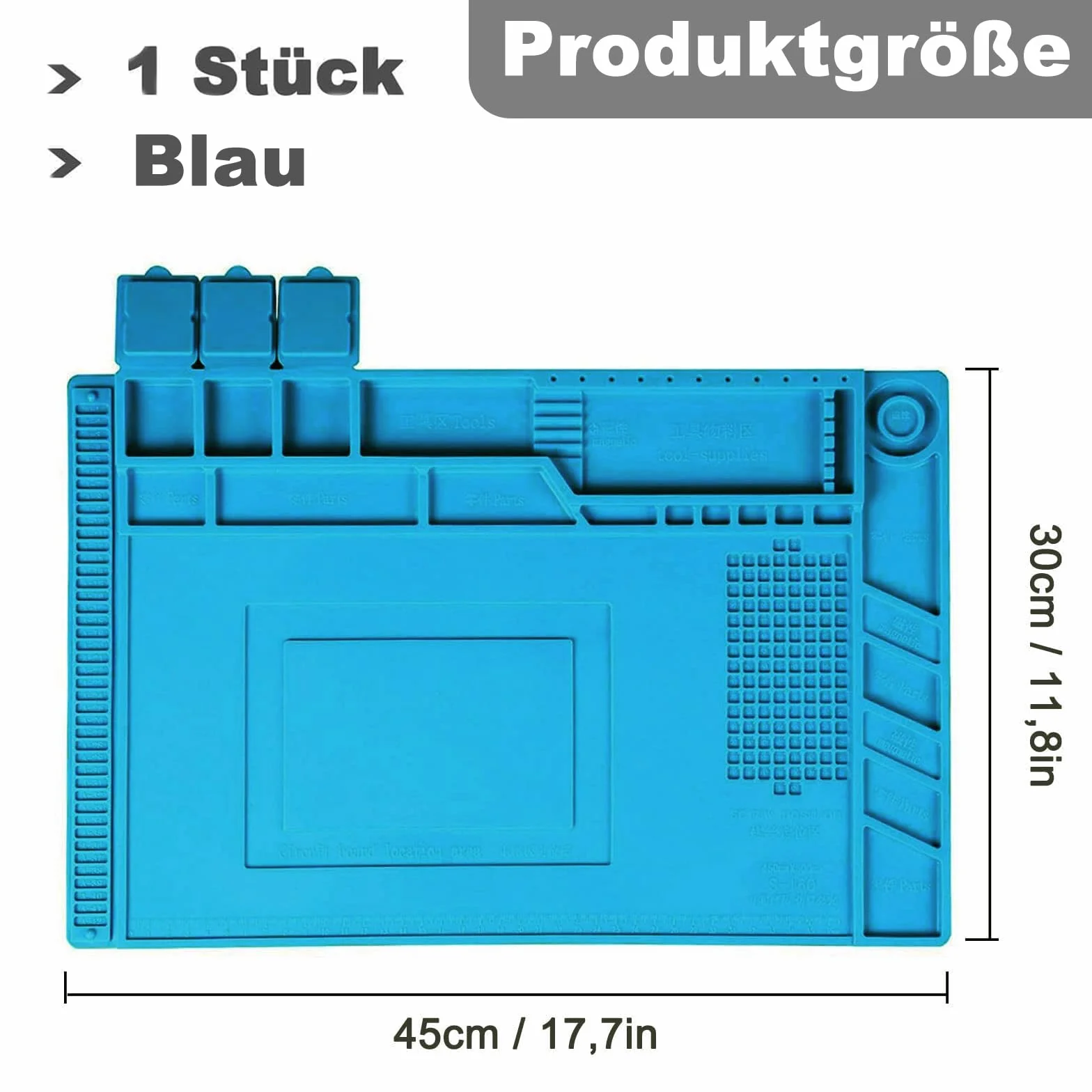 Silikonowa mata lutownicza, 45 x 30 cm, magnetyczna mata lutownicza ze skalą, mata robocza do lutowania, naprawy elementów elektronicznych, płytek drukowanych (niebieska)