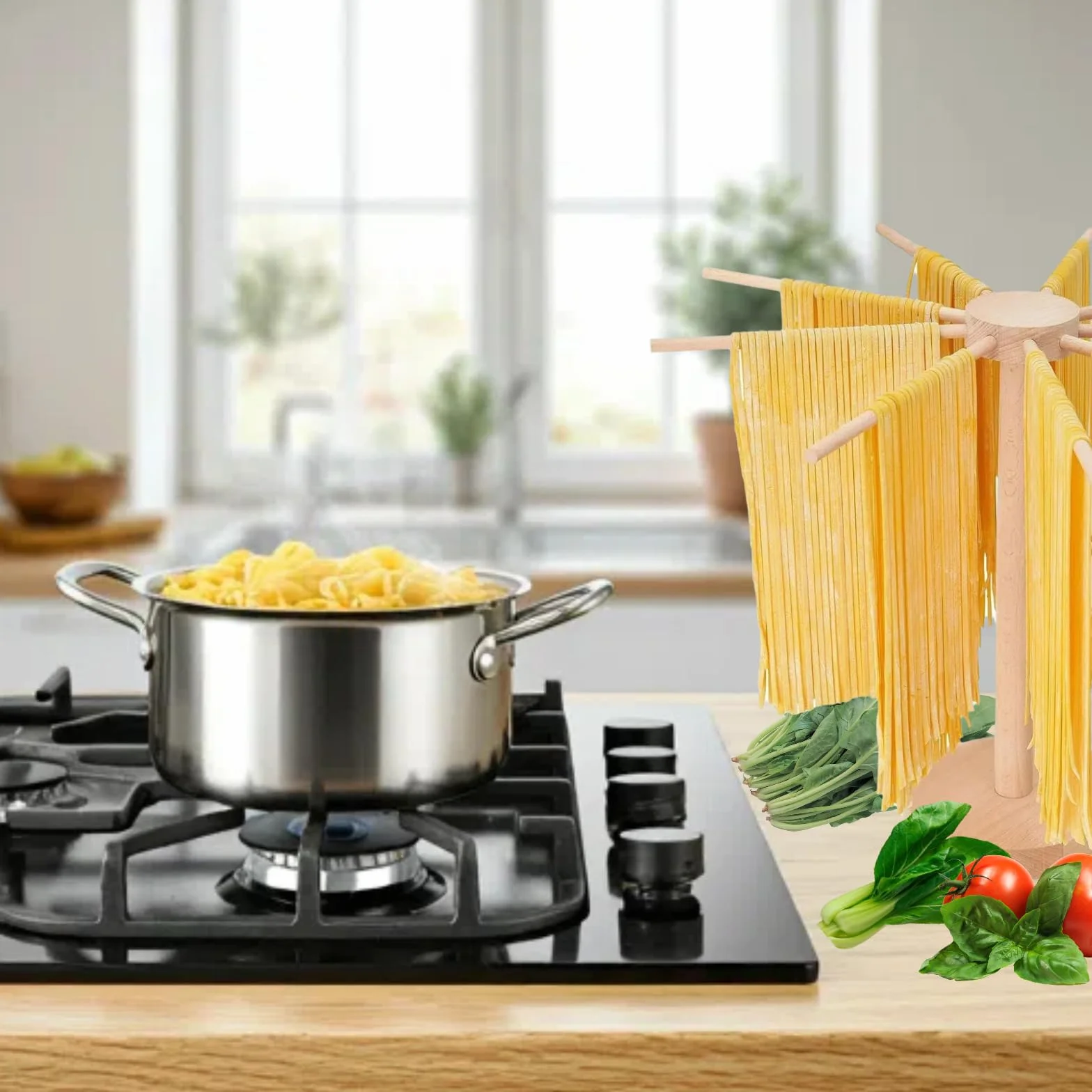 Stojak do suszenia makaronu, duży, drewniany stojak do suszenia makaronu, składany, do świeżego makaronu, stojak na suszarkę do makaronu, drewniany składany stojak do robienia makaronu z 9 batonami