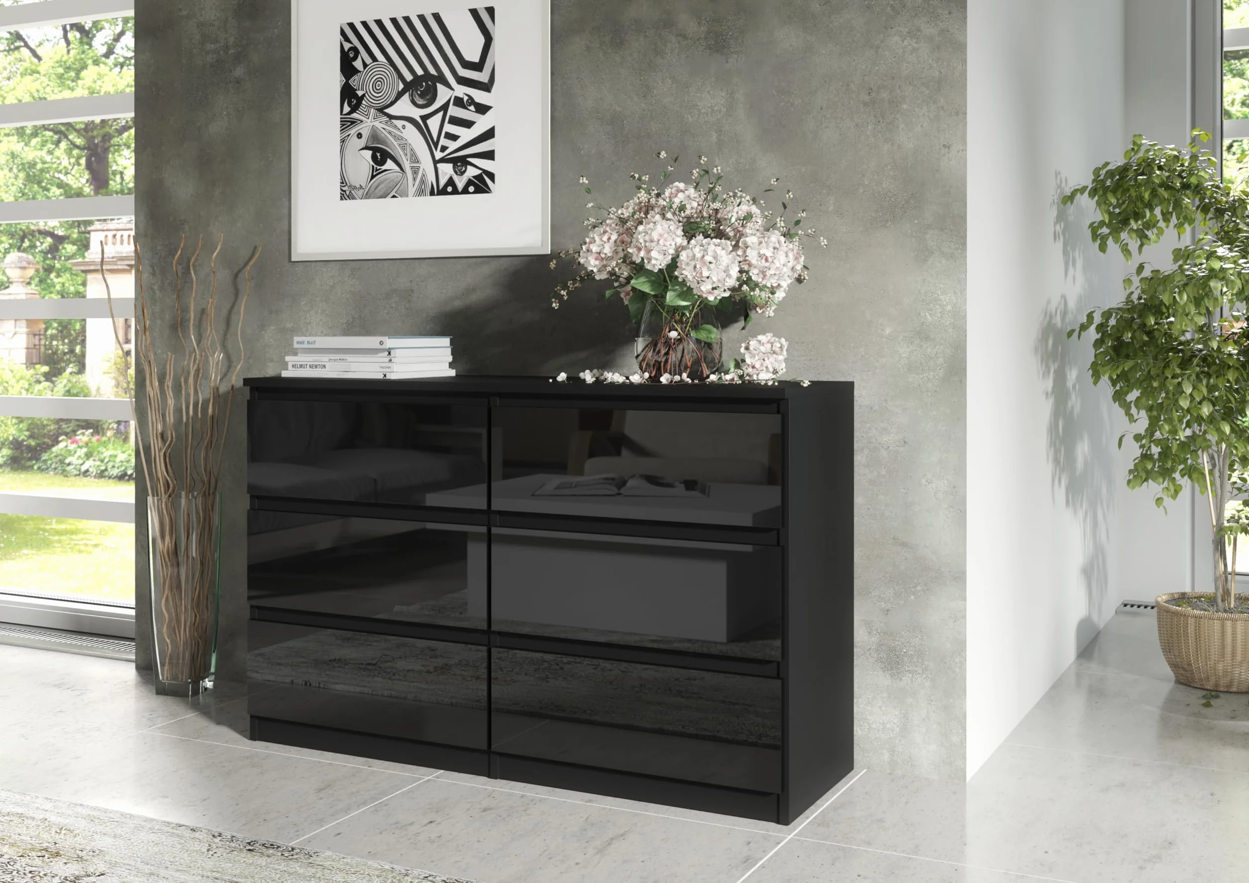 meble masztalerz Komoda Czarna z 6 szufladami - Fronty w połysku - 138,5x78,5x39 cm - Komoda do salonu, sypialni - Szafka z szufladami - Komoda z szufladami