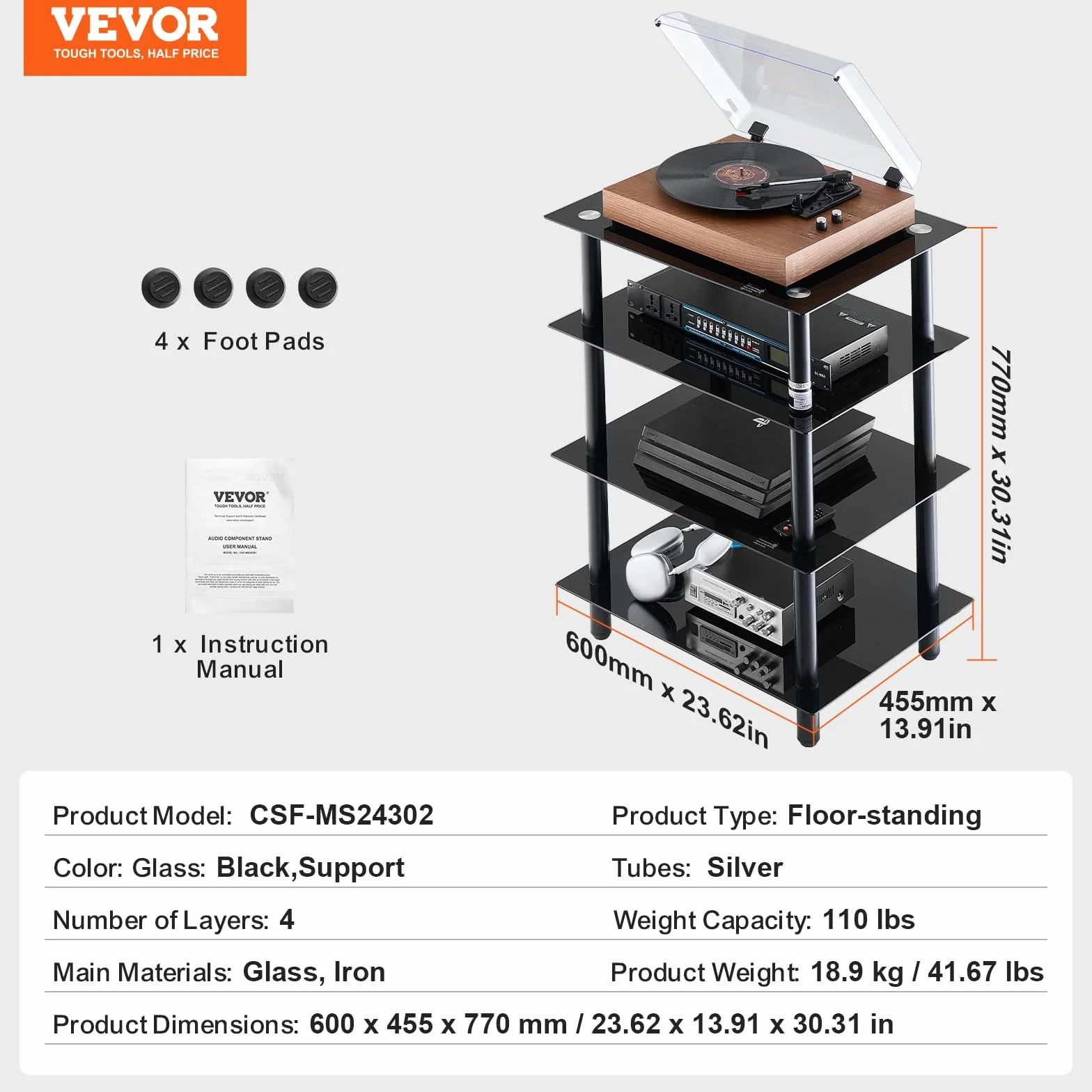 VEVOR 4-poziomowa wizualna szafka audio, półka multimedialna ze szkła hartowanego, stojak HiFi z diodami LED do obudów DVD, kabli/konsol do gier, szafka do przechowywania pokoju gier/nagrywania