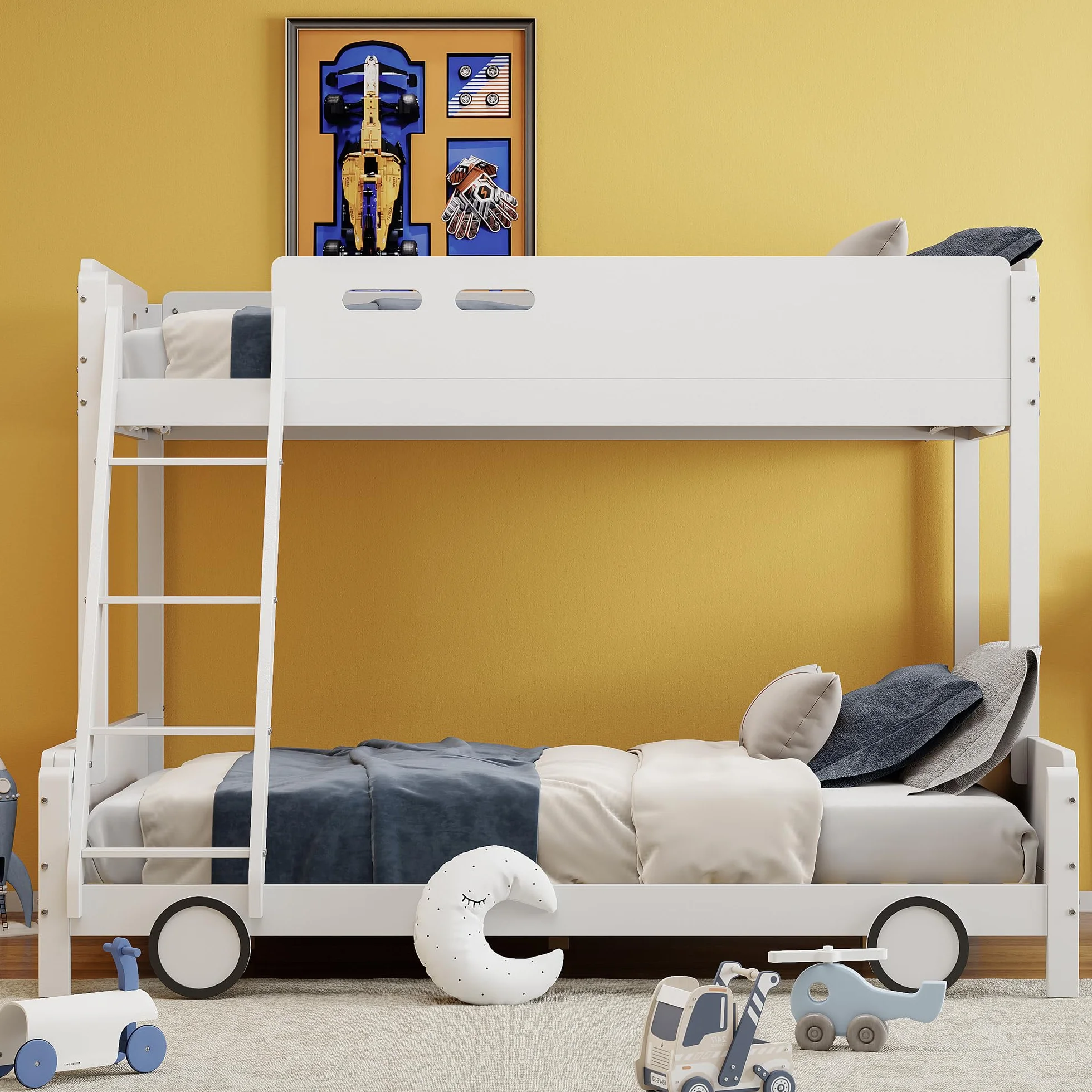 Dziecięce łóżko piętrowe w kształcie samochodu z litego drewna – u góry 90 x 200 cm, na dole 140 x 200 cm – łóżko rodzinne dla rodzeństwa – kratka bezpieczeństwa, kolor biały – obciążenie do 140 kg