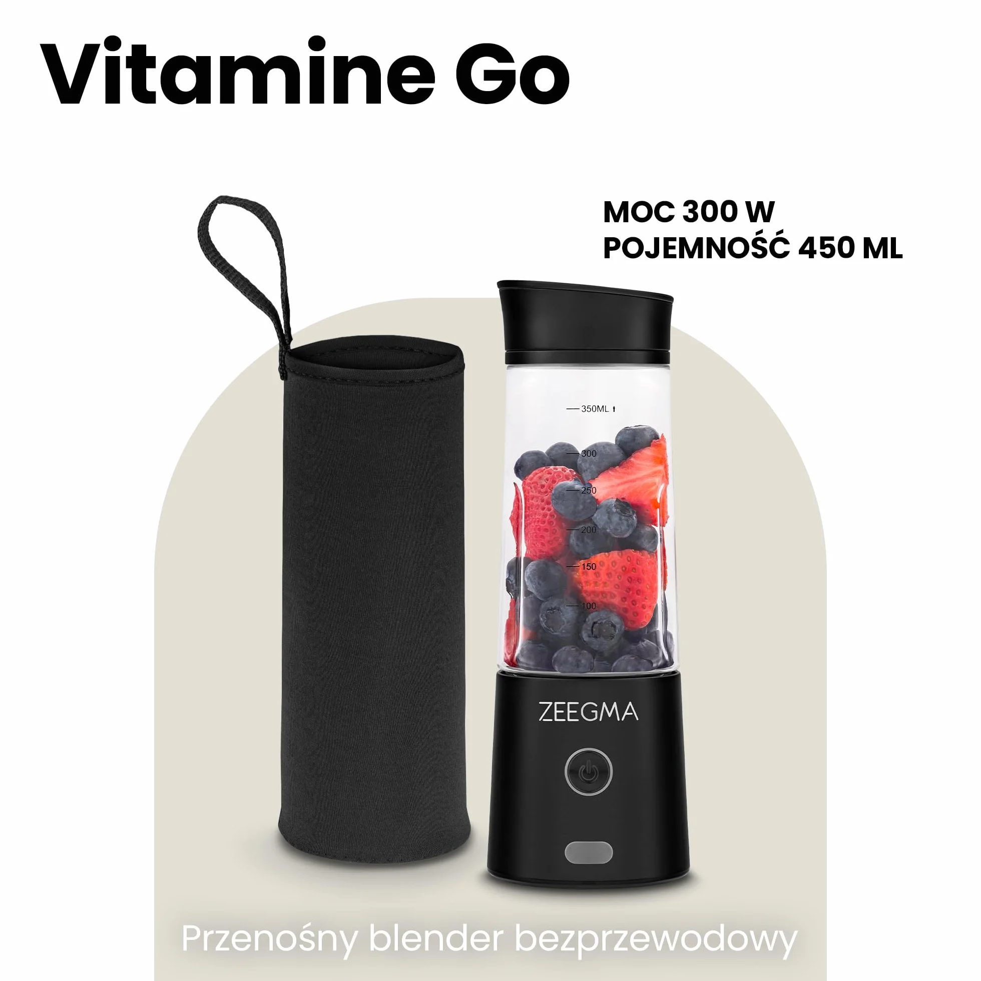 ZEEGMA VITAMINE GO Przenośny Blender do Koktajli i Smoothie 300W, Osobisty Mikser, Mini Blender 450 ml z 6 ostrzami, 2 Prędkości Bateria 5000 maH, 25 użyć na jednym naładowaniu (Czarny)