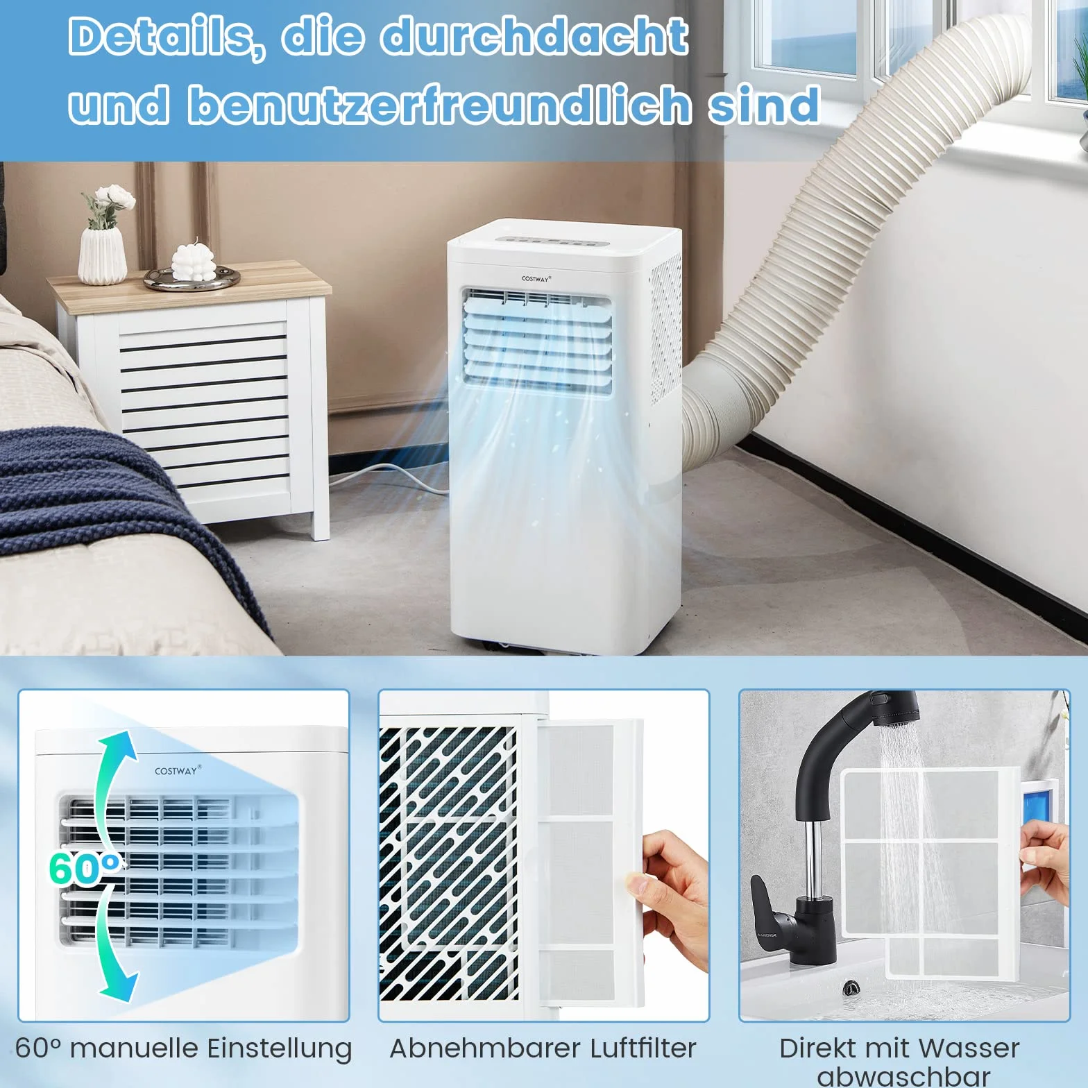 COSTWAY Mobilna klimatyzacja, 9000 BTU, 2,6 kW, chłodzenie, wentylacja i osuszanie, klimatyzator z wężem wylotowym, WiFi, aplikacja, zdalna obsługa, przenośna klimatyzacja
