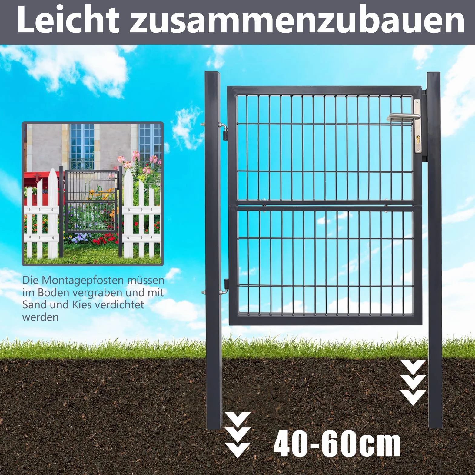 Brama ogrodowa, 100x100 cm Drzwi ogrodowe z ocynkowanego metalu, płot z siatki sztywnej, brama ogrodowa, z uchwytem, zamkiem i 3 kluczami, Drzwi ogrodowe brama wejściowa, Antracyt