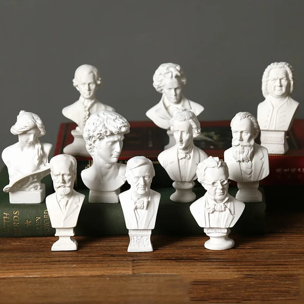 Mini klasyczny kompozytor, 10 mini statuetek, popiersie muzyka, dekoracja salonu, domowa dekoracja, nowoczesne ornamenty do salonu, żywica poliestrowa, prezent