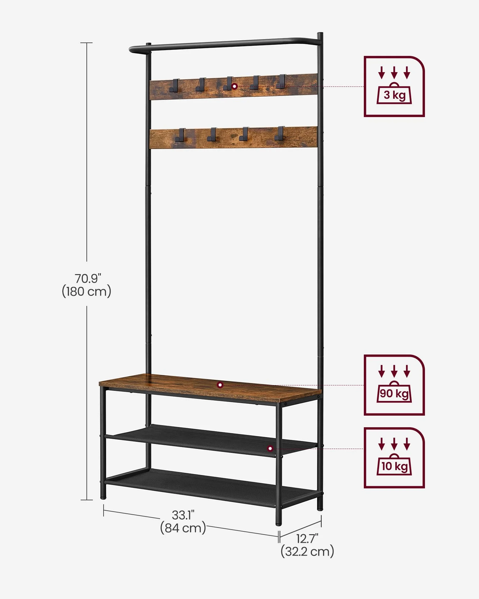 VASAGLE Wieszak na ubrania do przedpokoju z ławką na buty, wieszak na ubrania z 9 zdejmowanymi haczykami i drążkiem na ubrania, 32,2 x 84 x 180 cm, sypialnia, industrialny, brązowy i czarny HSR421B01
