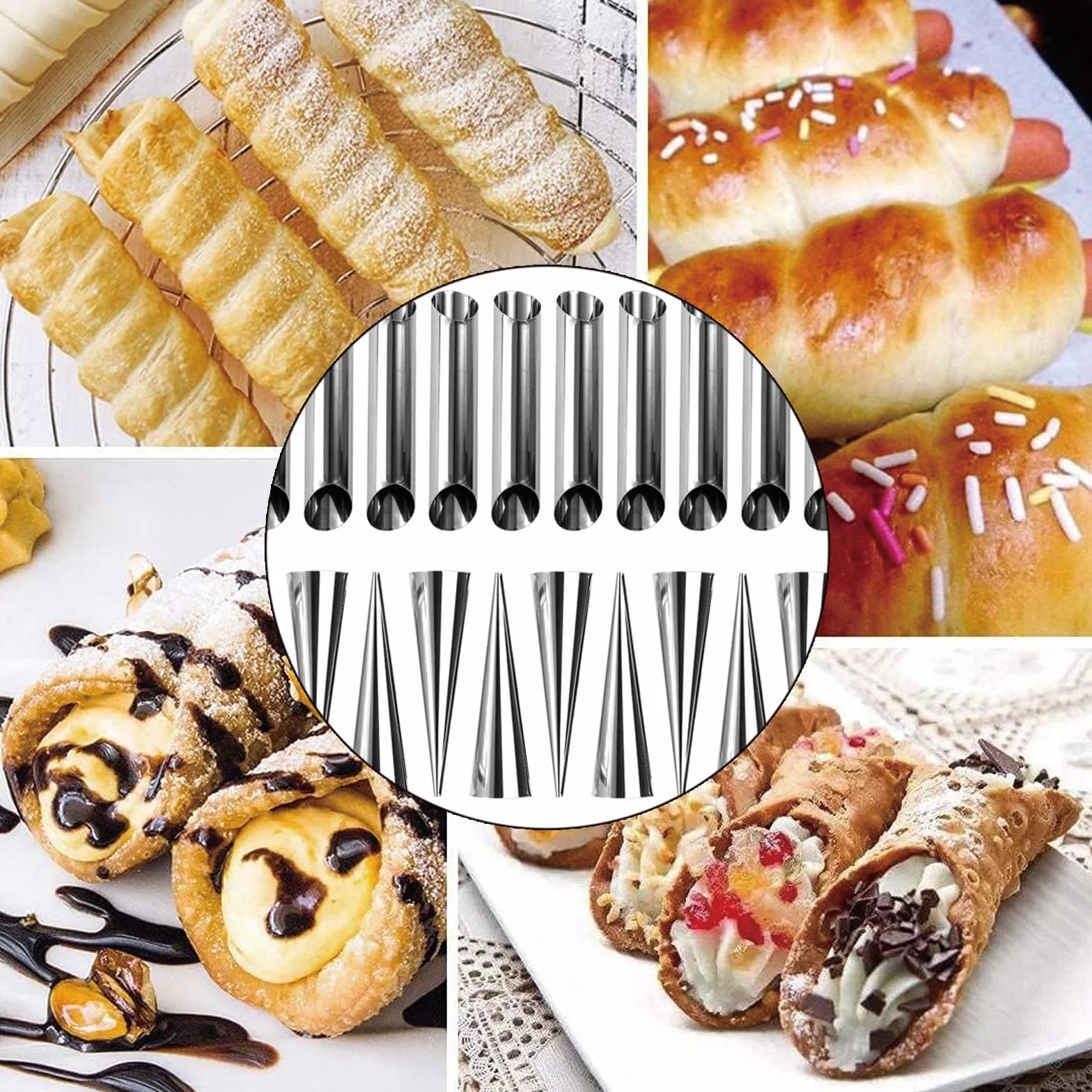 Cannoli 16 szt. foremek do pieczenia ze stali nierdzewnej, kształt Cannoli, kształt stożkowy do rurek Cannoli, rogalika, formy do pieczenia, ze szczotką do czyszczenia