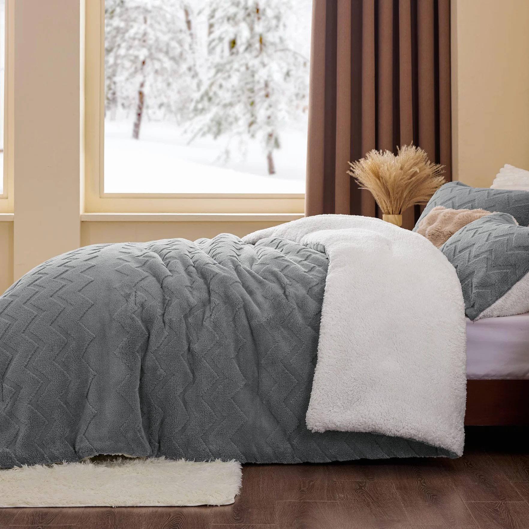 BEDELITE Puszysty zestaw pościeli w rozmiarze king size, super miękka kołdra sherpa, na łóżko king-size, luksusowa, ciepła pościel na zimę, zestaw 3-częściowy (1 kołdra, 2 poszewki na poduszki)