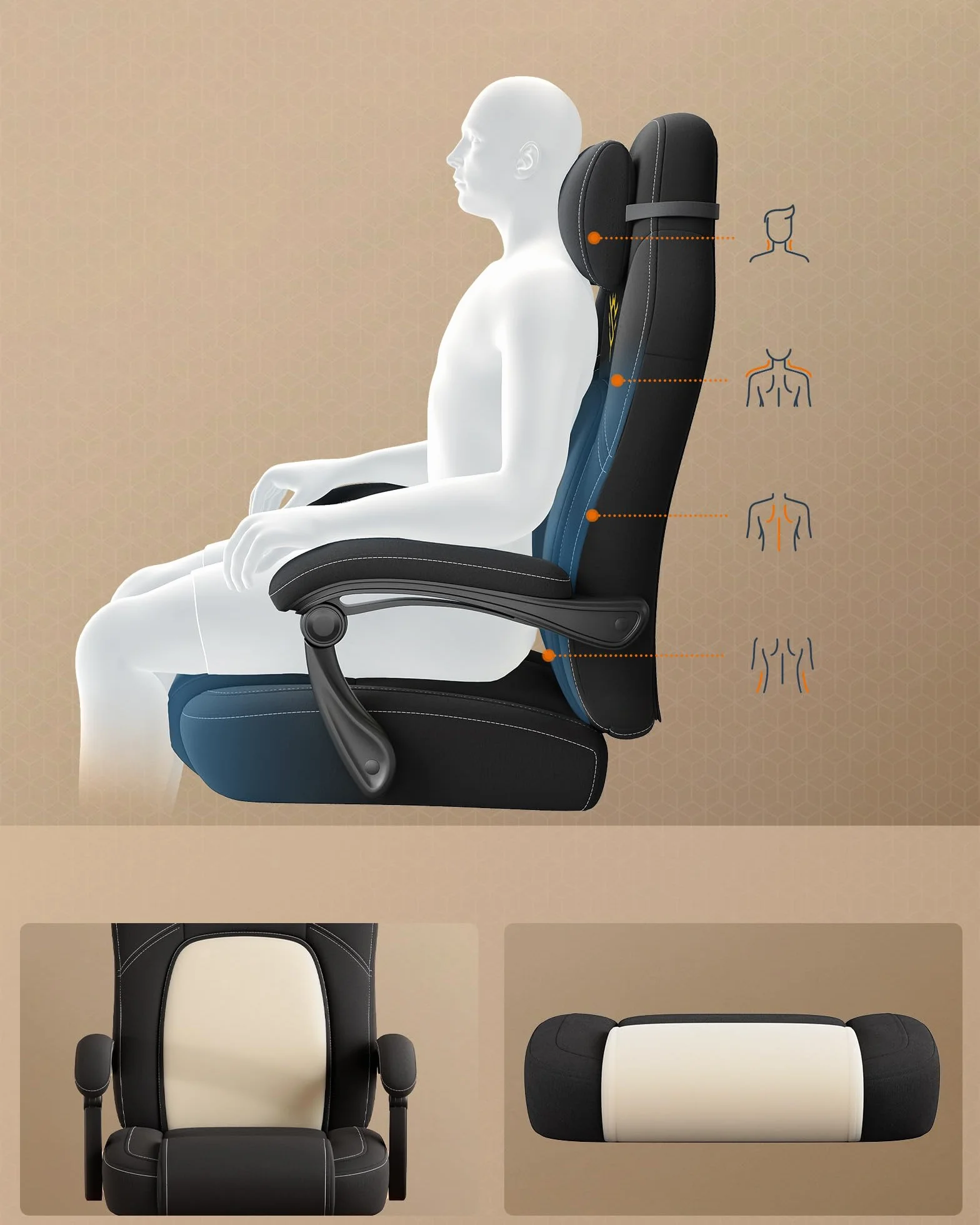 SONGMICS HOME Krzesło gamingowe, ergonomiczne krzesło komputerowe z podnóżkiem, krzesło biurowe, krzesło obrotowe z poduszką pod głowę, mieszanka bawełny i lnu, z regulacją wysokości, kolor czarny