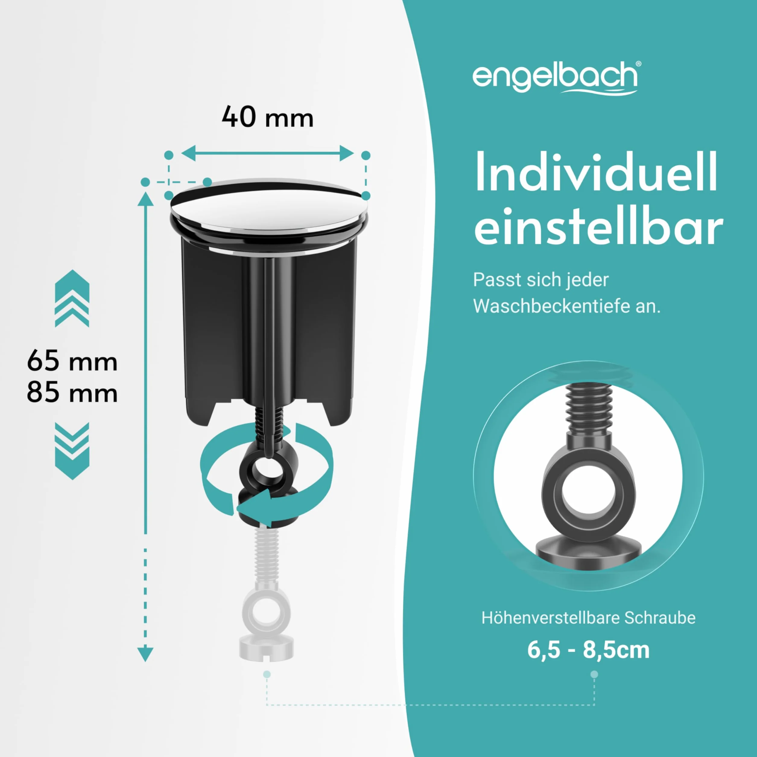 Engelbach® Korek do umywalki 40 mm uniwersalny – stabilny, nierdzewny i trwały – korek do odpływu do umywalek i bidetów z regulowaną wysokością śruby