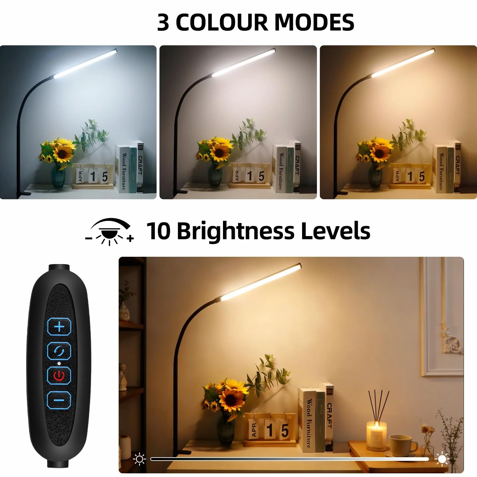 Akynite Lampa zaciskowa USB, adapter w zestawie, lampa do czytania, 3 kolory i 10 intensywności, elastyczna lampa biurkowa dla dzieci, klips do manicure stołowego, czarna