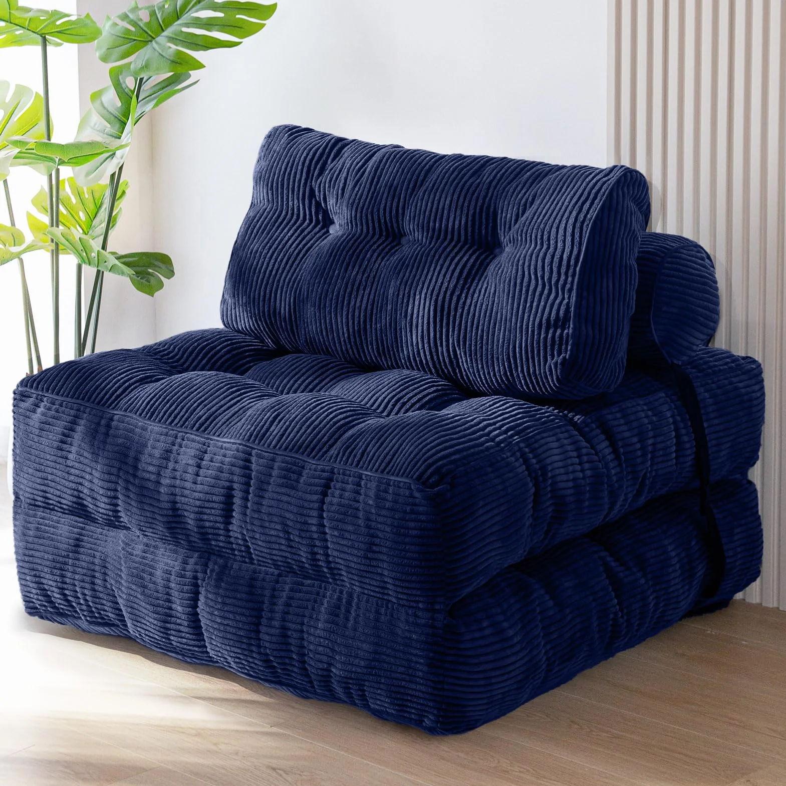 MAXYOYO Składana sofa do spania, przekształcany fotel do spania z poduszką, materac z podparciem oparcia, przenośne krzesło-łóżko, wygodna sofa podłogowa-lounge do salonu, sypialni, kolor granatowy