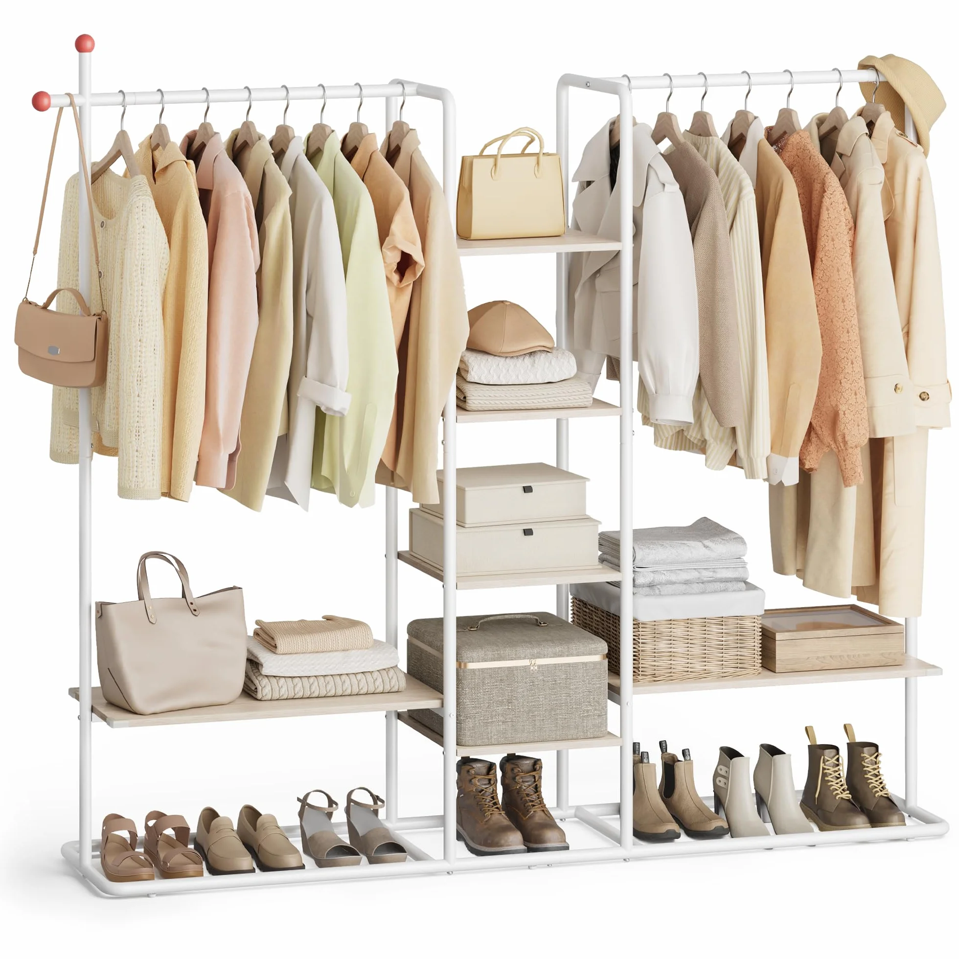 SONGMICS HOME Wieszak na ubrania, otwarta szafa, wieszak na ubrania, 6 półek, 2 drążki na ubrania, wieszaki zapałkowe, do sypialni, naturalny beż-matowa biel RGR012K01