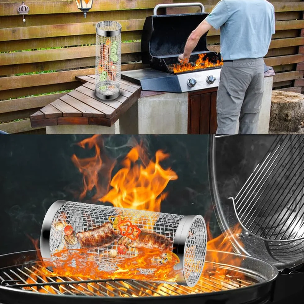 Kosz na grilla, 2 sztuki 30 x 9 cm zestaw koszy do grillowania, kosz z uchwytem, widelcem, hakiem, uchwytem i szczotką, okrągły kosz do grillowania warzyw