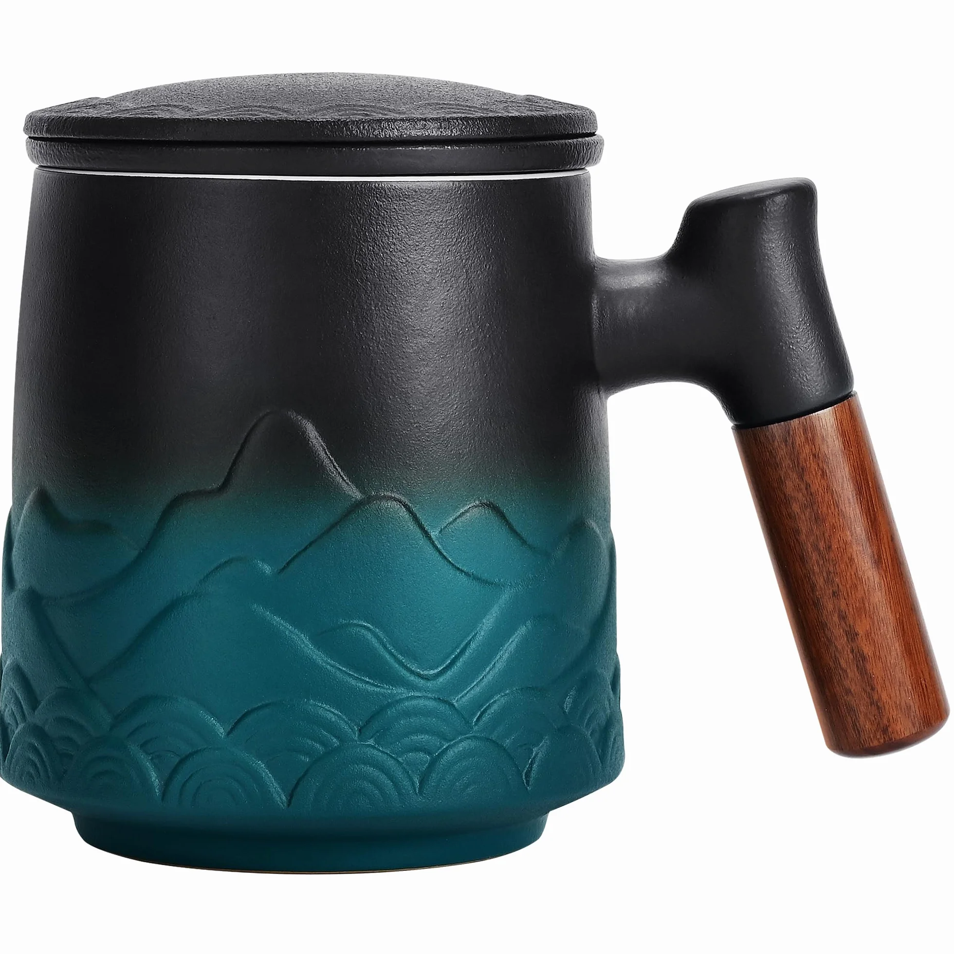 Ceramiczna filiżanka do herbaty z pokrywką i sitkiem, drewniany uchwyt, zielona