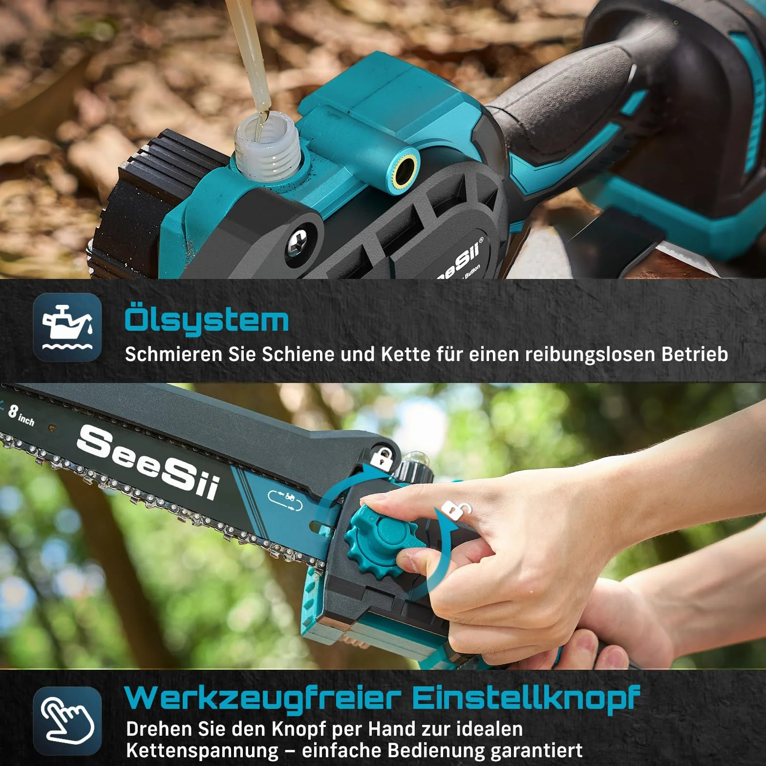 SEESII PS810 2 w 1 akumulator, bezszczotkowa mini piła łańcuchowa 2 x 4,0 Ah, zasięg 4,87 m, sekator elektryczny do przycinania drzew i cięcia drewna