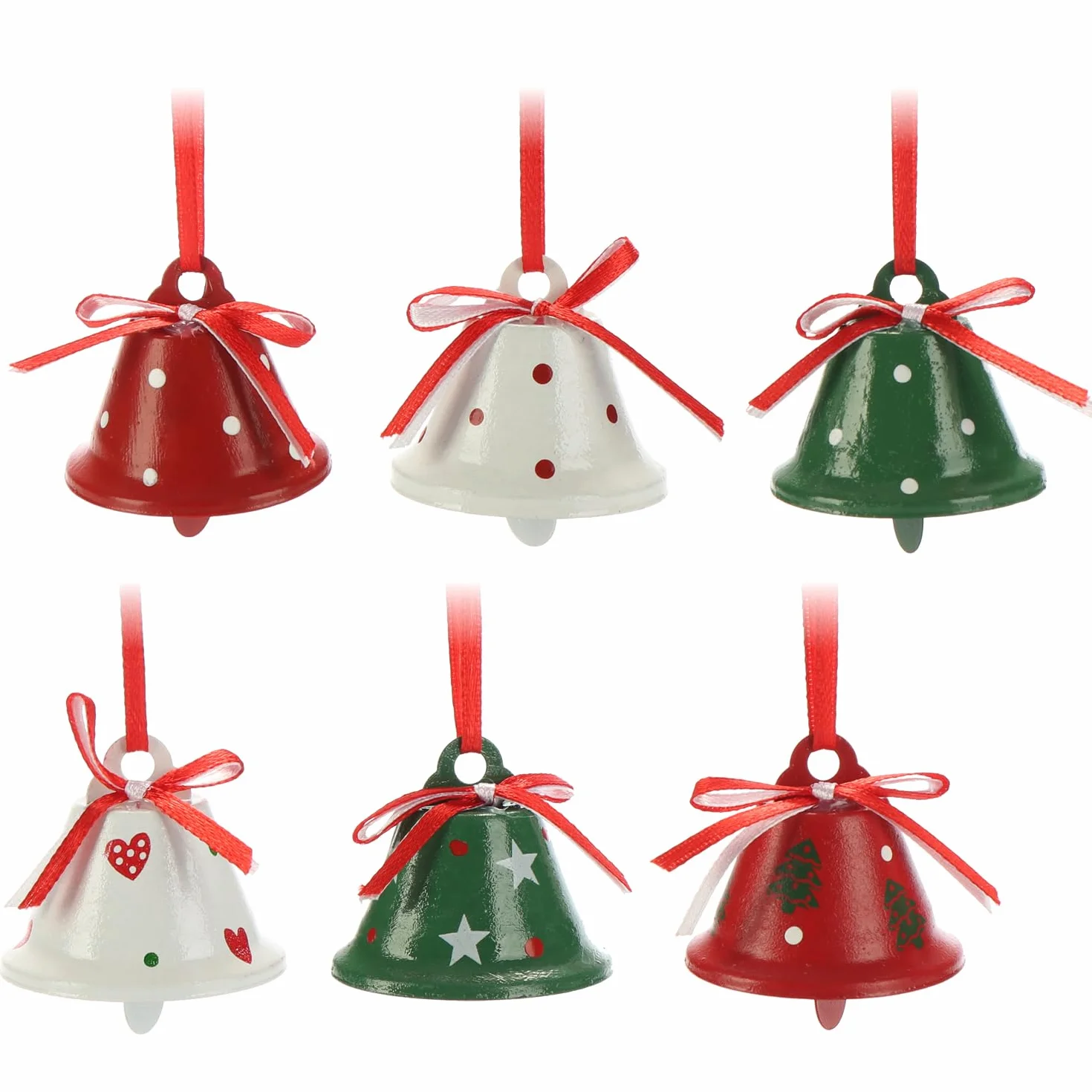 com-four® 6x ozdoby wiszace na Boze Narodzenie 4,5 cm Ø - dzwonki metalowe do zawieszenia - ozdobne dzwonki blaszane jako zawieszki do okien, drzwi i choinek (czerwony bialy zielony)
