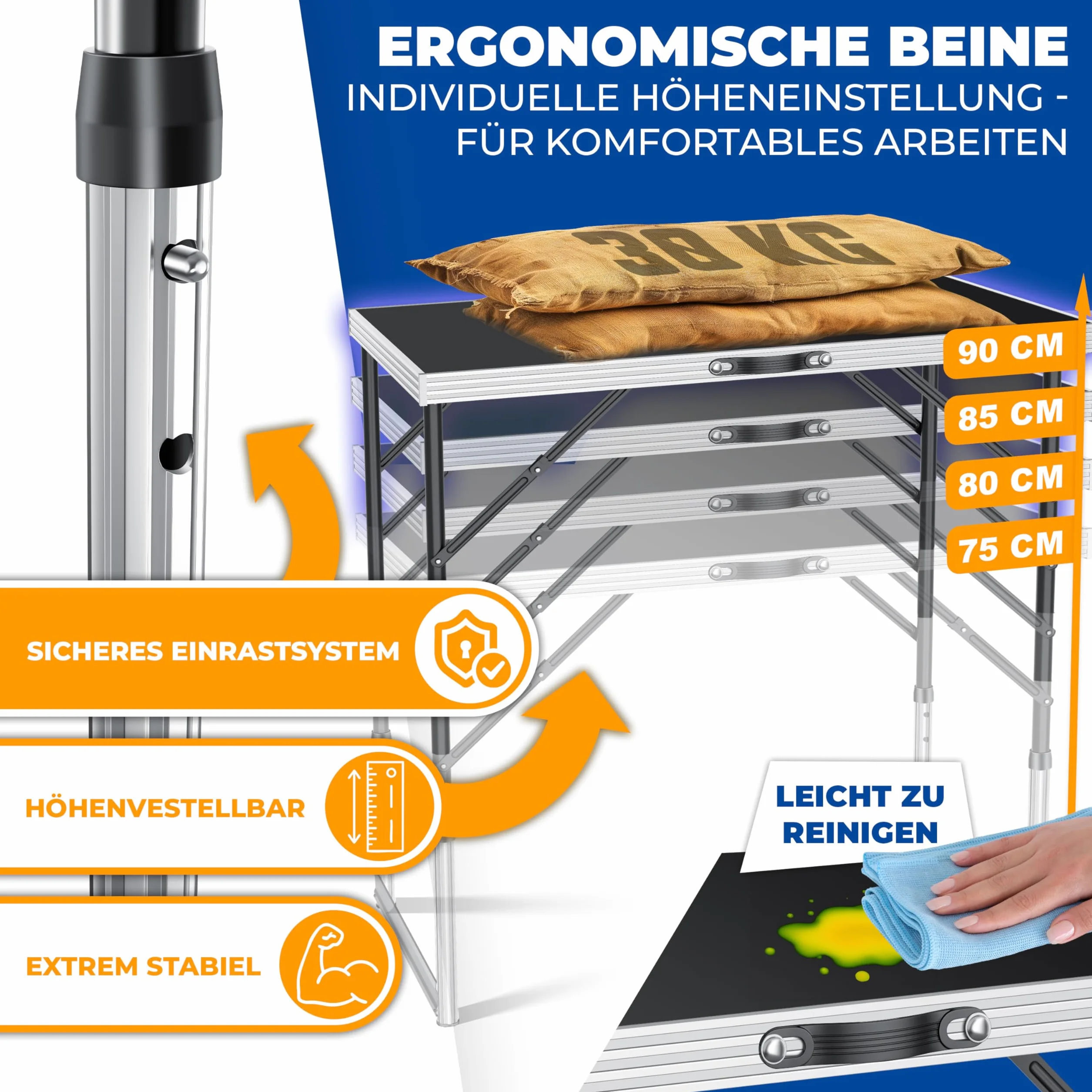 KESSER® Wielofunkcyjny stół profesjonalny, 3-częściowy, 100 x 60 cm, stół do tapetowania, nośność 30 kg, z funkcją wysuwania, składany stół na pchli targ, stolik pomocniczy, stół wielofunkcyjny, stół kempingowy, z regulacją wysokości