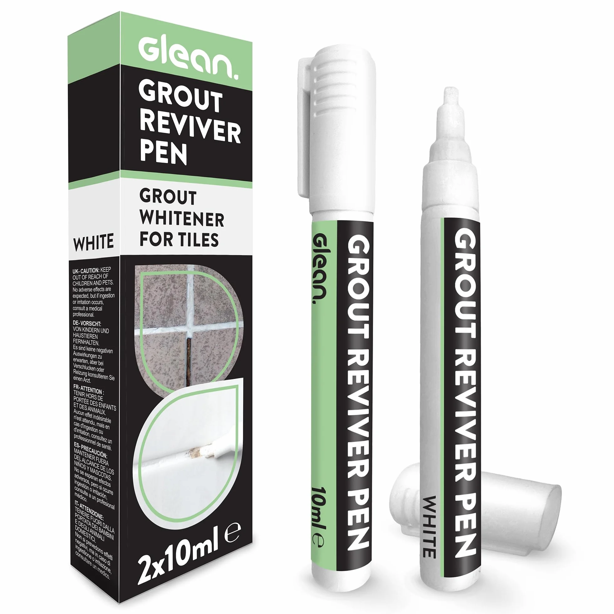 GLEAN Długopisy do fug, białe, 2 x 10 ml, wybielacz do fug do płytek łazienkowych, pisak do fug, przywracanie odbarwionych i wyblakłych fug płytek, łatwy w użyciu, biały