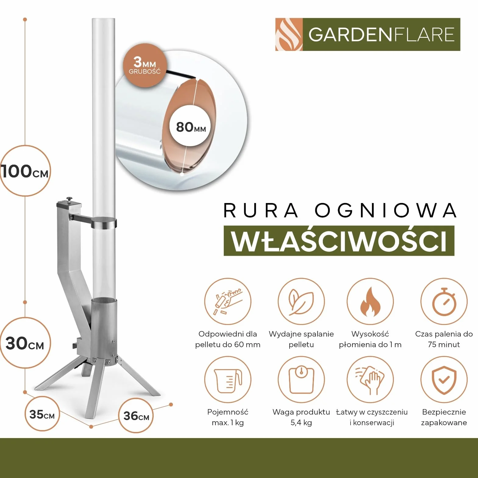 GARDENFLARE Elegancka kolumna ogniowa ze stali nierdzewnej, pelletowa pochodnia do ogrodu i na taras – Alternatywa dla kominka ogrodowego i ogrzewacza tarasowego (srebrny)