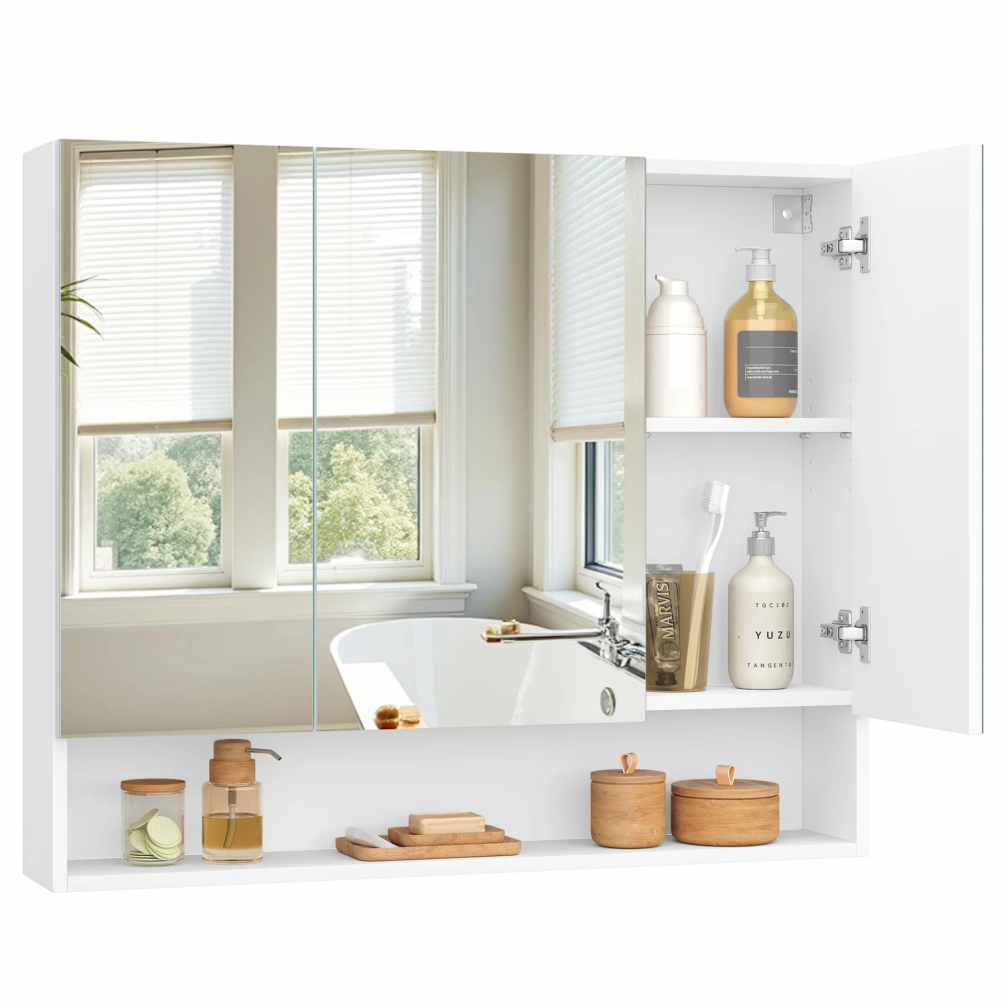 VASAGLE Meble łazienkowe z 3 drzwiami, szafka z lustrem, meble łazienkowe, otwarta komora, regulowane półki, 16,5 x 90 x 75 cm, chmurna biel BBK130W01