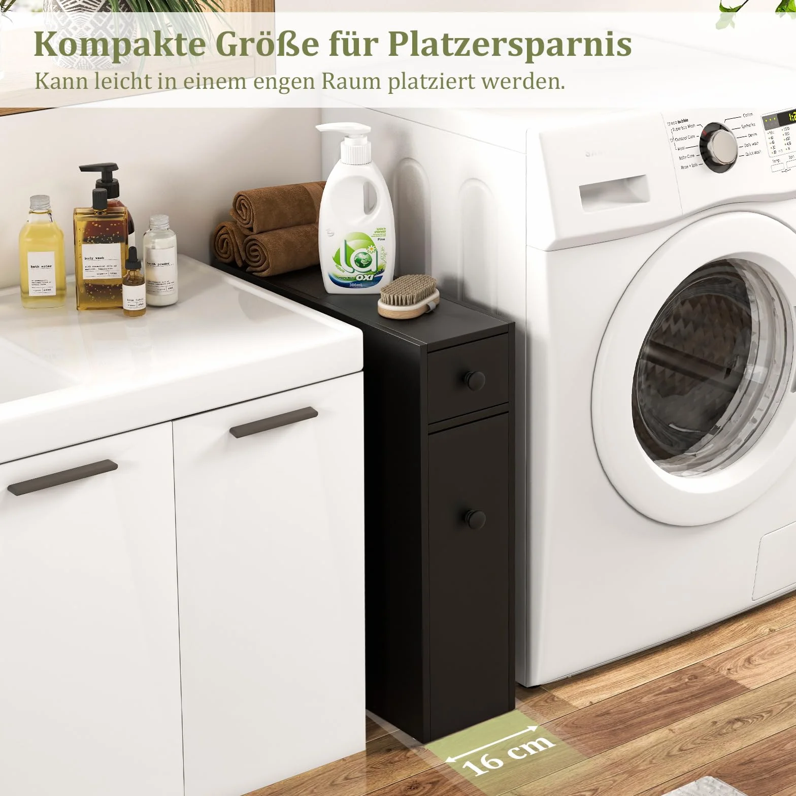COSTWAY Szafka wnękowa z szufladami, wąska szafka wnękowa z drewna, boczna szafka łazienkowa, kuchenna, wielofunkcyjna, do łazienki, kuchni, salonu, 16 x 48 x 58 cm (czarna)