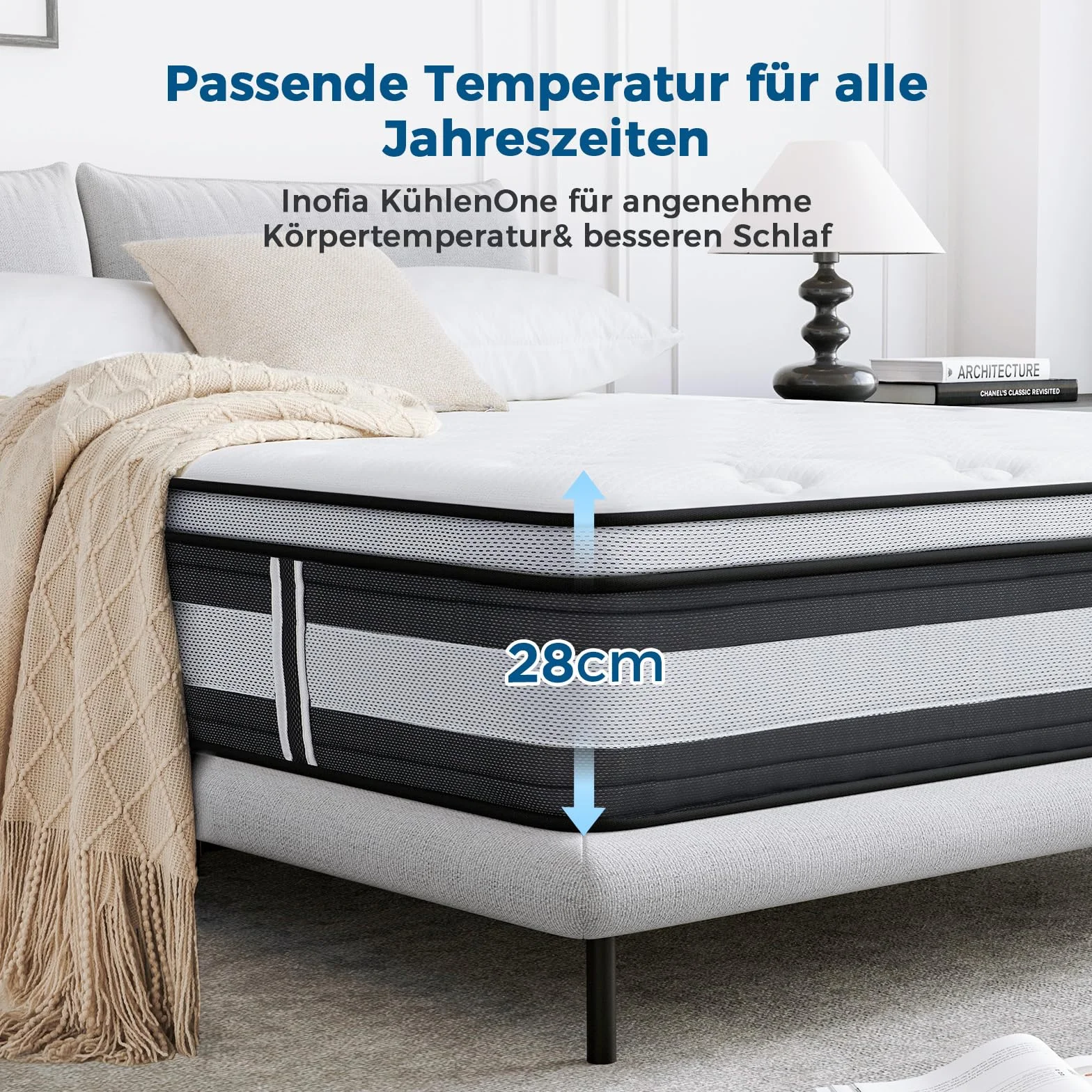 Inofia Materac H3/H4 180 × 200 28 cm-7-strefowy materac sprężynowy, materac kieszeniowy KühlNest, materac kieszeniowy baryłkowy z certyfikatem Öko-Tex-100 nocy próbnego spania