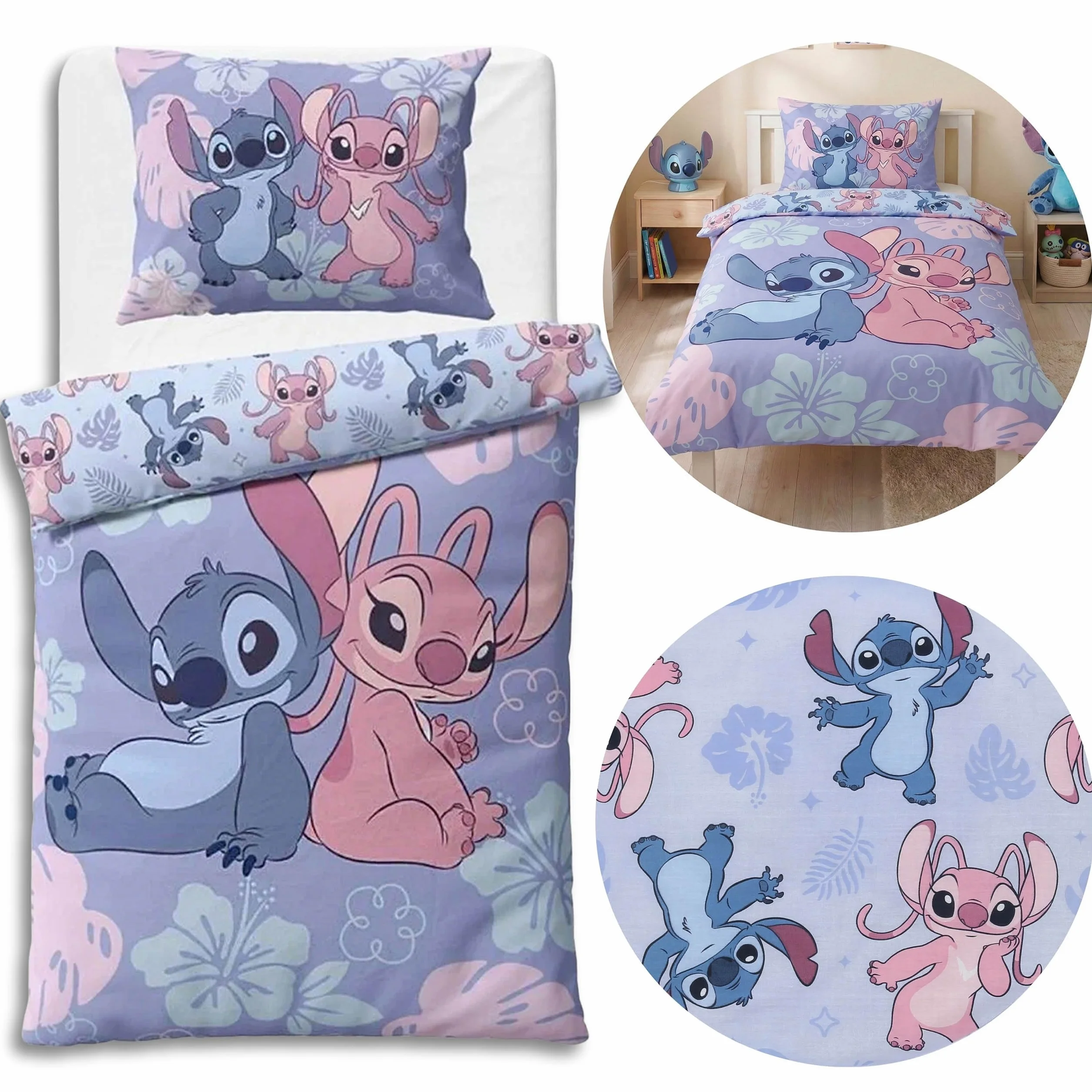 DISNEY Stitch Niebieska, DWUSTRONNA, bawełniana pościel dziecięca na zamek, 100% BAWEŁNA OEKO-TEX (140x200cm+70x90cm)