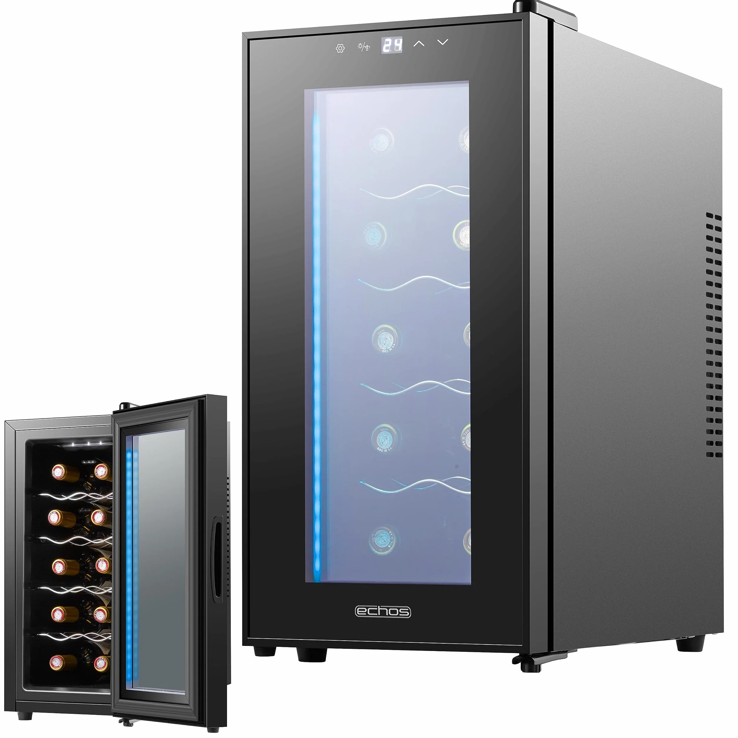 Echos Lodówka na wino, na 10 butelek, 28 l, oświetlenie LED, chłodziarka do wina, mini lodówka na wino, mini bar ze szklanymi drzwiczkami