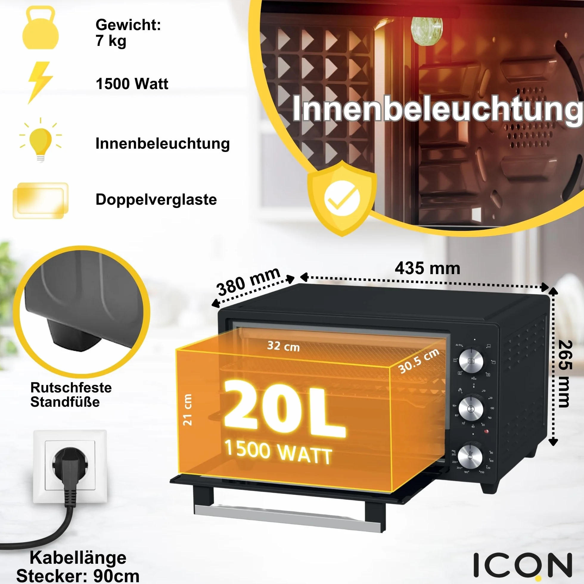 ICQN Mini piekarnik 20 l 1500 W grzanie górne/dolne z funkcją obracania ciepła 5 funkcji grillowania timer czarny