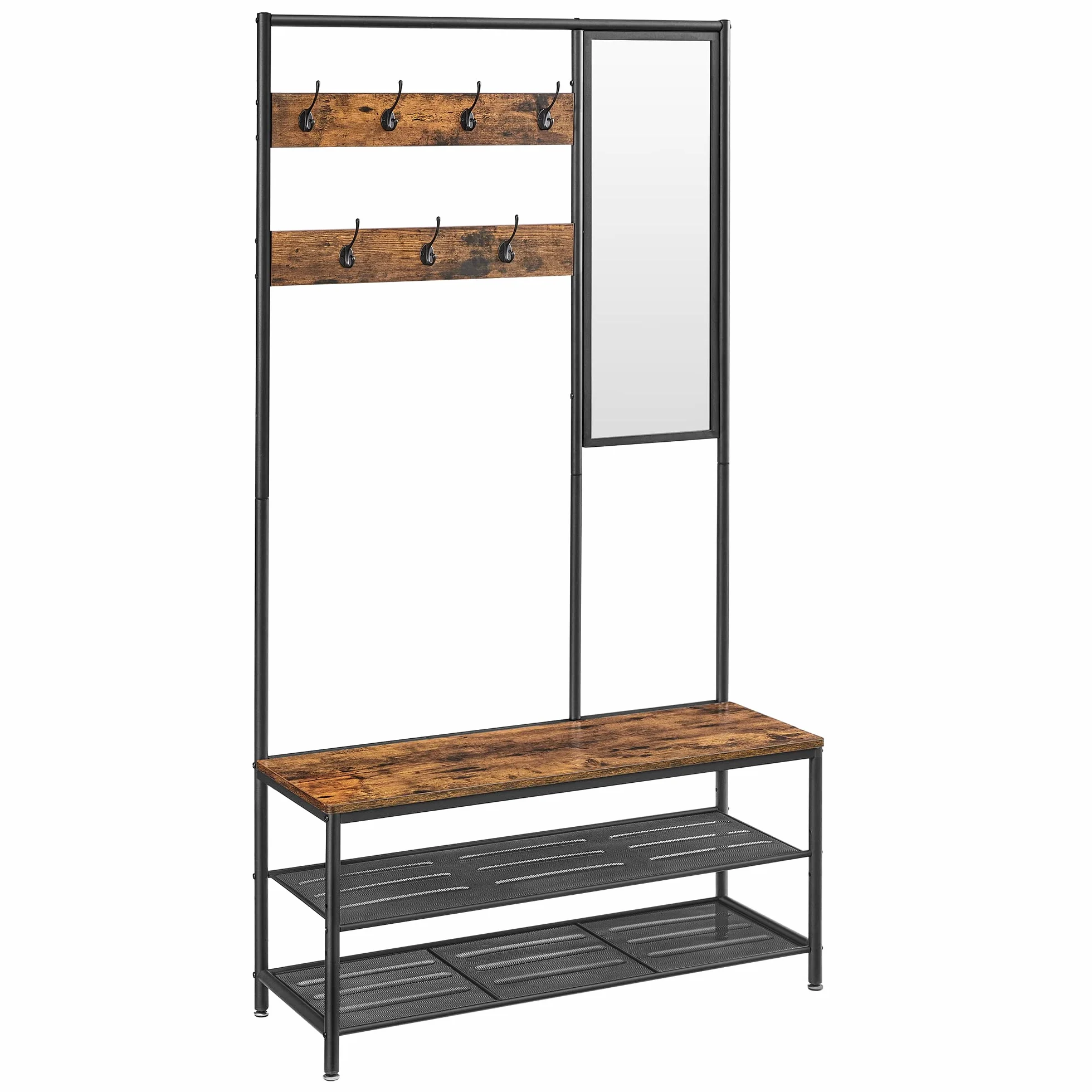 VASAGLE Wieszak na ubrania z organizerem na buty, wieszak na ubrania na korytarz z lustrem, haczykami, ławką i półkami na buty, 35 x 98 x 180 cm, korytarz do sypialni, styl industrialny, rustykalny